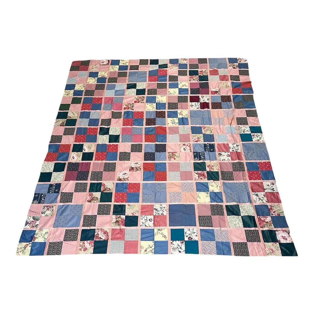 Vintage Multi-Color Pink Queen Quilt Top: Vintage quilted top ready for the batting and backing to complete. Most of the hours have been put in! Blues and reds come together in this vintage patchwork fabrics outlined in rose pink for the