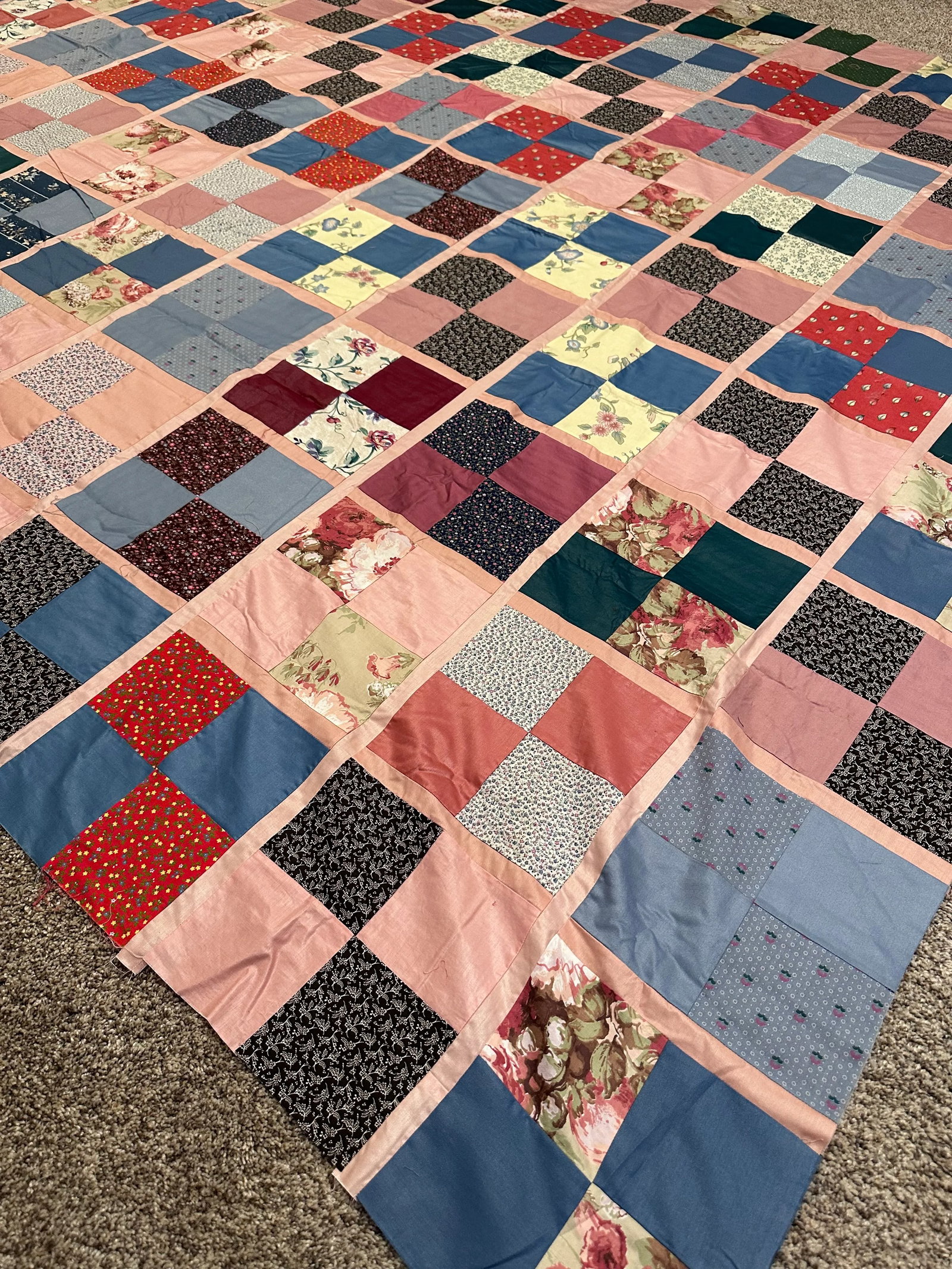 Vintage Multi-Color Pink Queen Quilt Top - 5