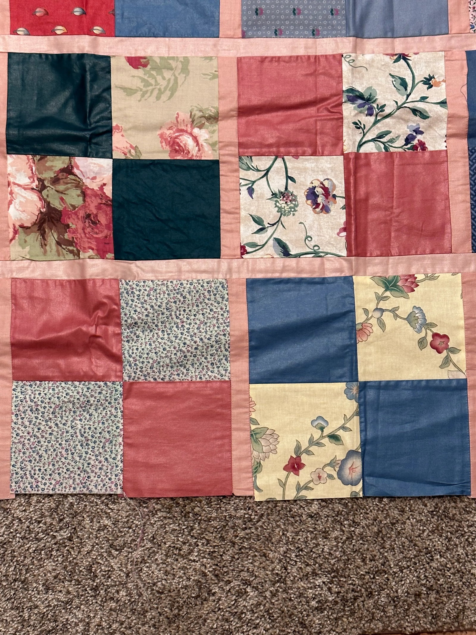 Vintage Multi-Color Pink Queen Quilt Top - 8