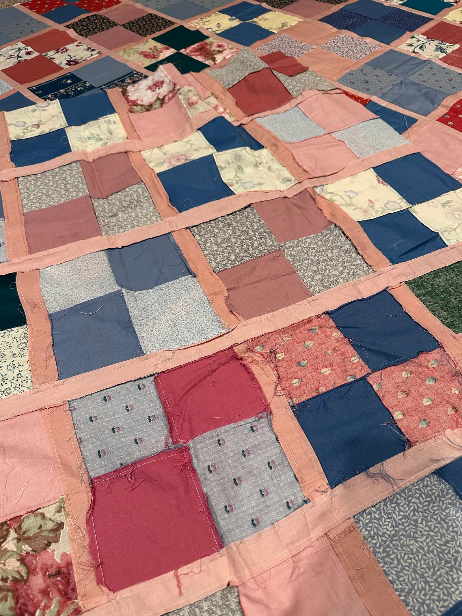 Vintage Multi-Color Pink Queen Quilt Top - 9
