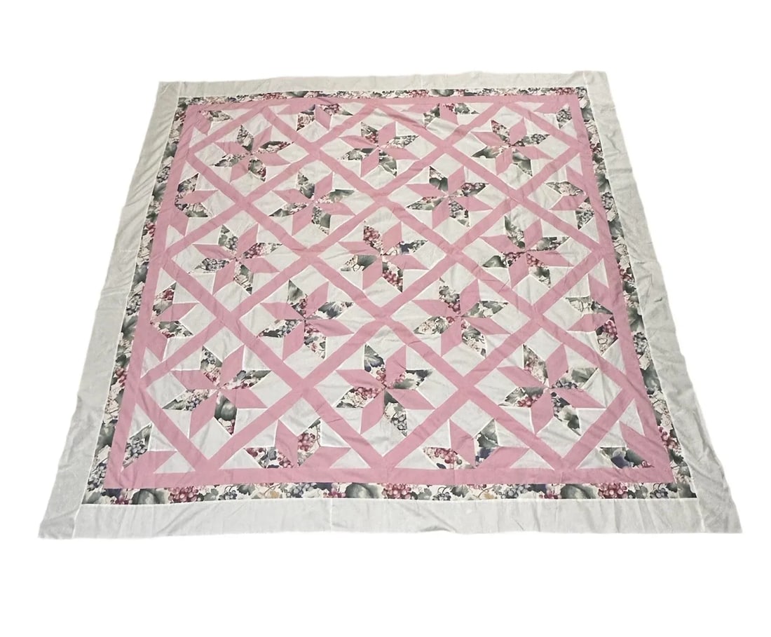 Vintage Mid 20th Century Quilt Top Pink Grapes Star Pattern - 9