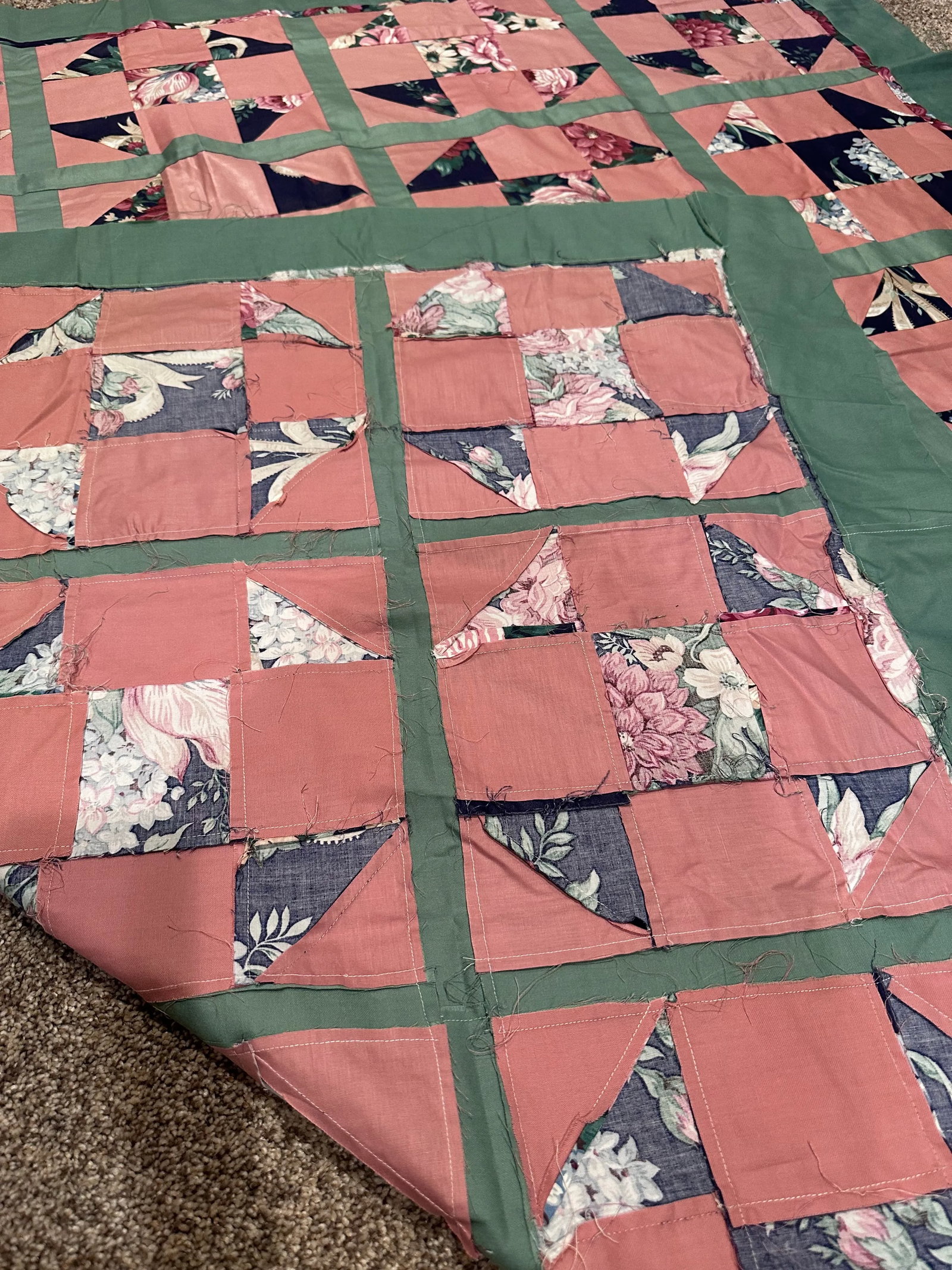 Vintage Mid 20th Century Cotton Sateen Polyester Throw Size Quilt Top - 10
