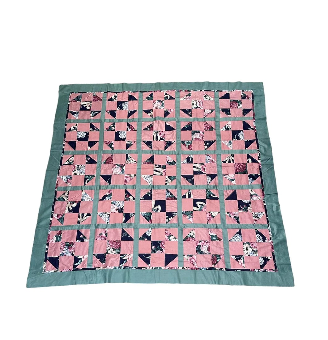 Vintage Mid 20th Century Cotton Sateen Polyester Throw Size Quilt Top - 11