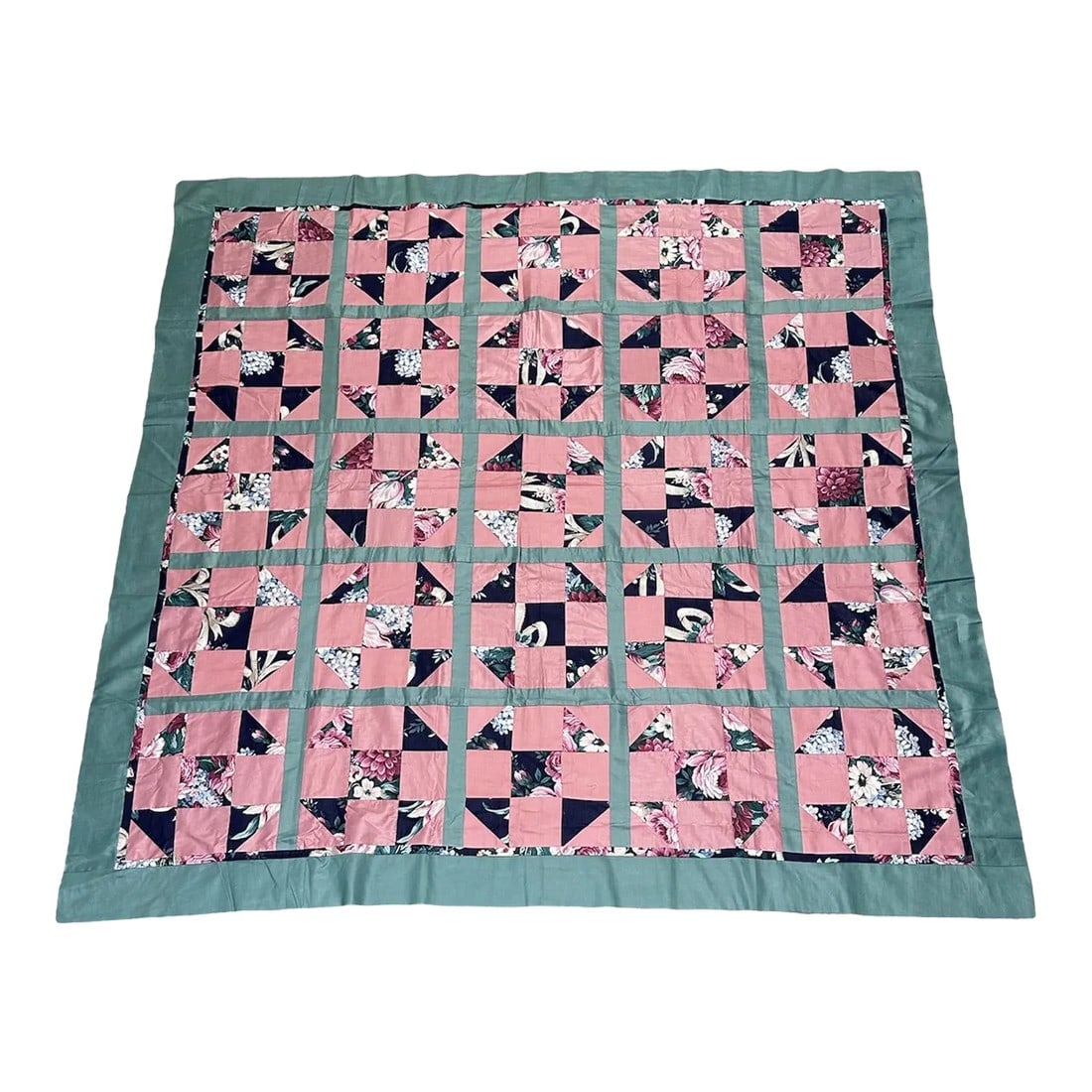 Vintage Mid 20th Century Cotton Sateen Polyester Throw Size Quilt Top: Vintage quilted top ready for the batting and backing to complete. Most of the hours have been put in! Soft greens, pinks, blues in this vintage floral patchwork quilt top. The floral material is