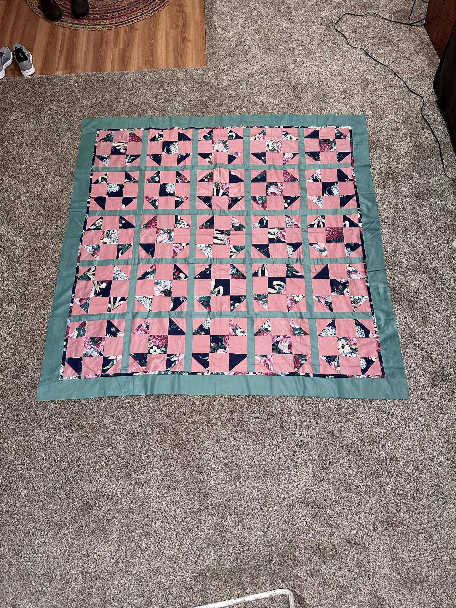 Vintage Mid 20th Century Cotton Sateen Polyester Throw Size Quilt Top - 4