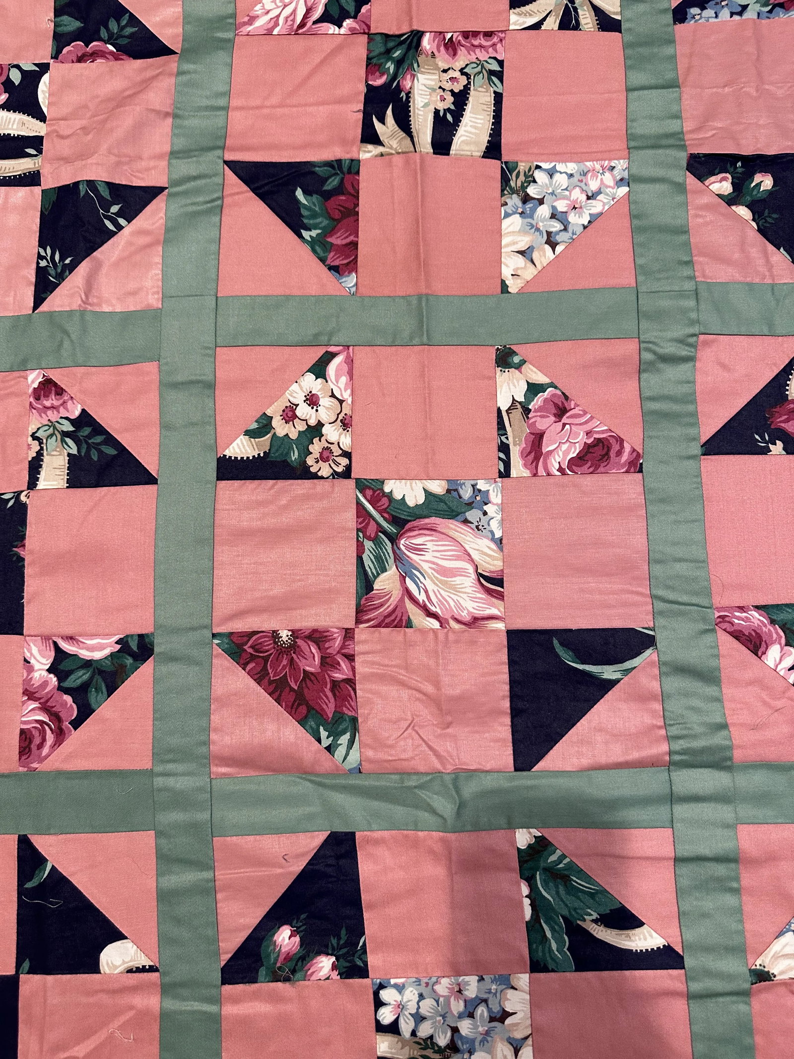 Vintage Mid 20th Century Cotton Sateen Polyester Throw Size Quilt Top - 6