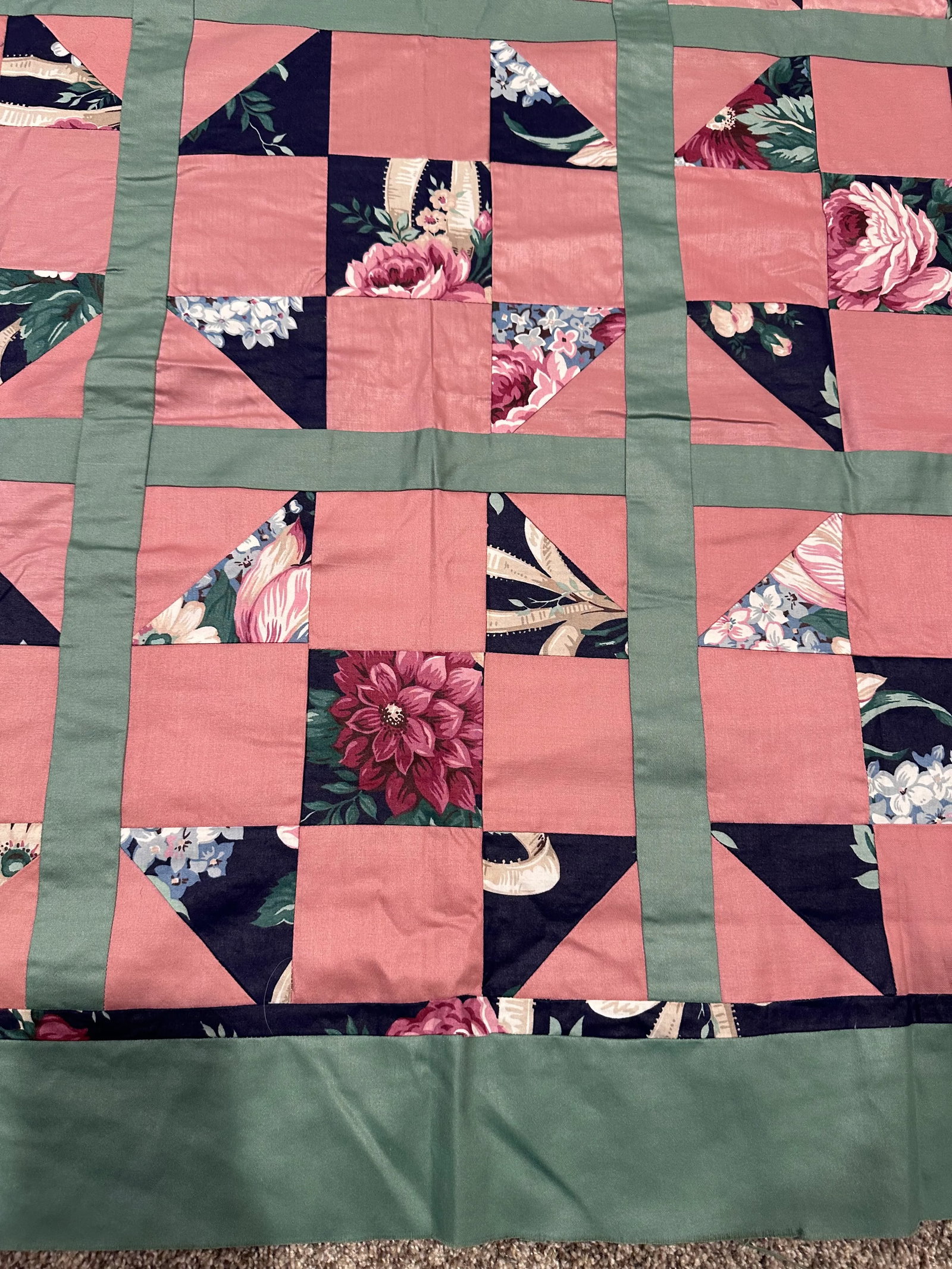 Vintage Mid 20th Century Cotton Sateen Polyester Throw Size Quilt Top - 8