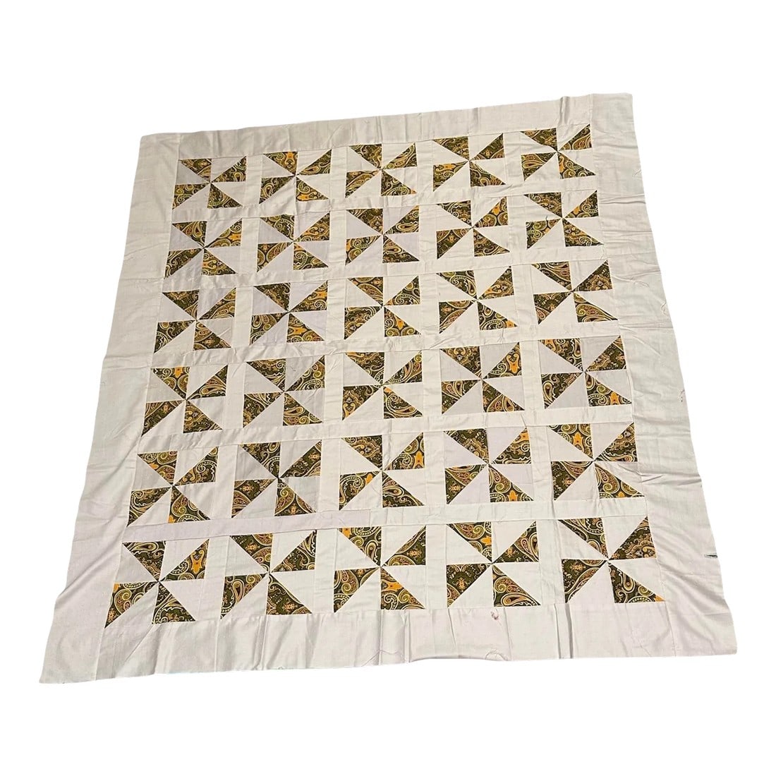 Vintage Mid 20th Century Throw Size Paisley Quilt Top: Vintage quilted top ready for the batting and backing to complete. Most of the hours have been put in! Grandma's yellow and avocado greens show off in this vintage textile quilt top. Throw in the