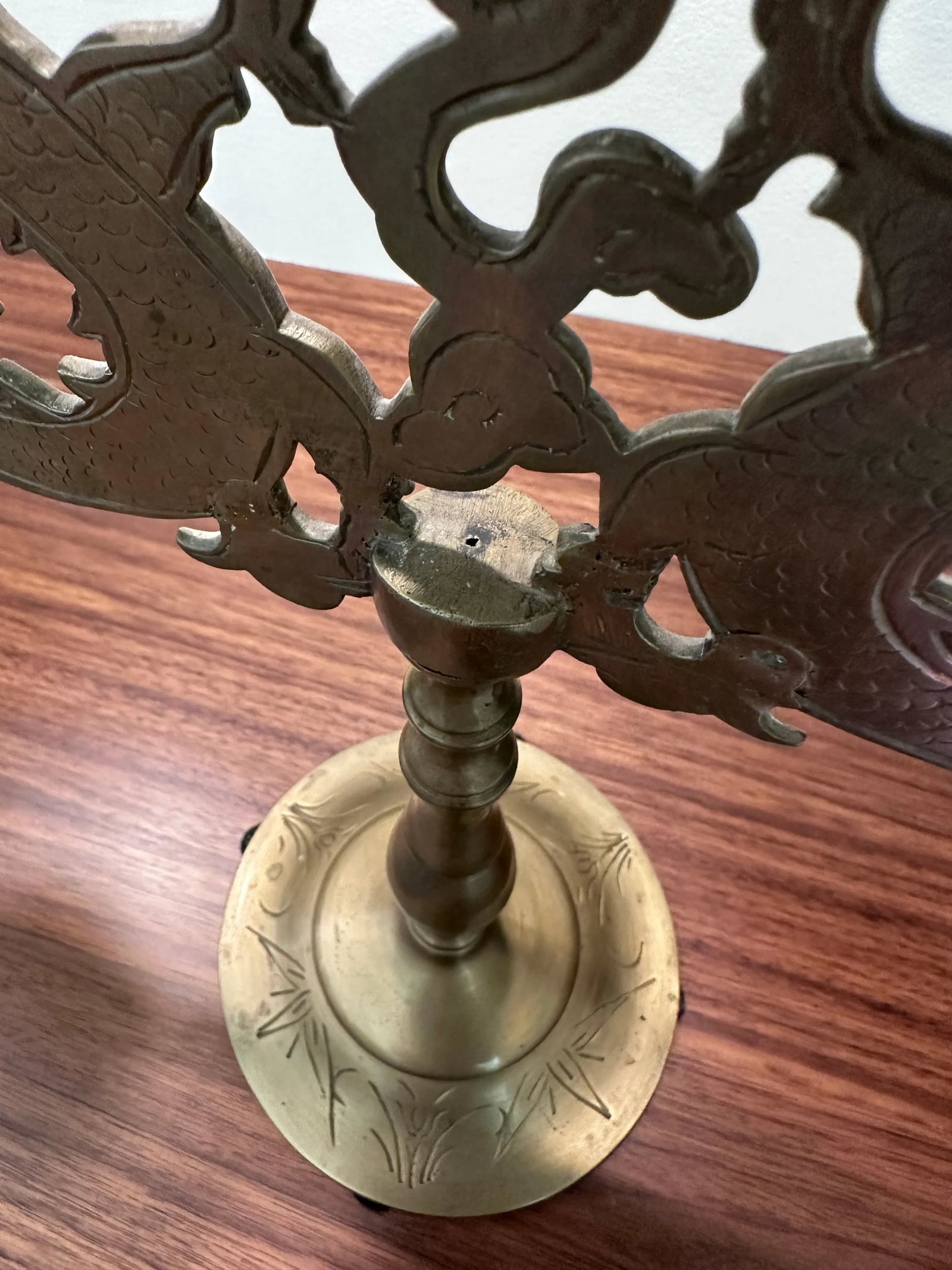 Vintage Chinoiserie Dragon Brass Candelabra Table Top 5 Cup Candlestick Holders - 10