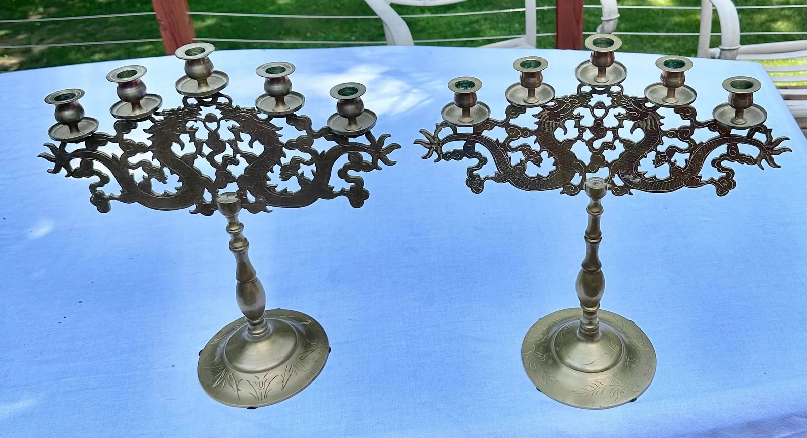 Vintage Chinoiserie Dragon Brass Candelabra Table Top 5 Cup Candlestick Holders - 12