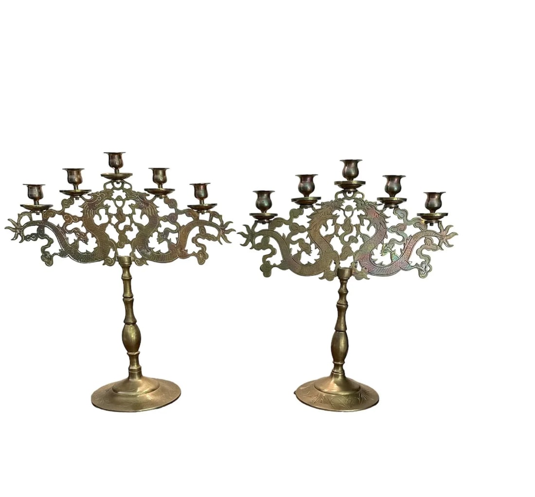 Vintage Chinoiserie Dragon Brass Candelabra Table Top 5 Cup Candlestick Holders - 13