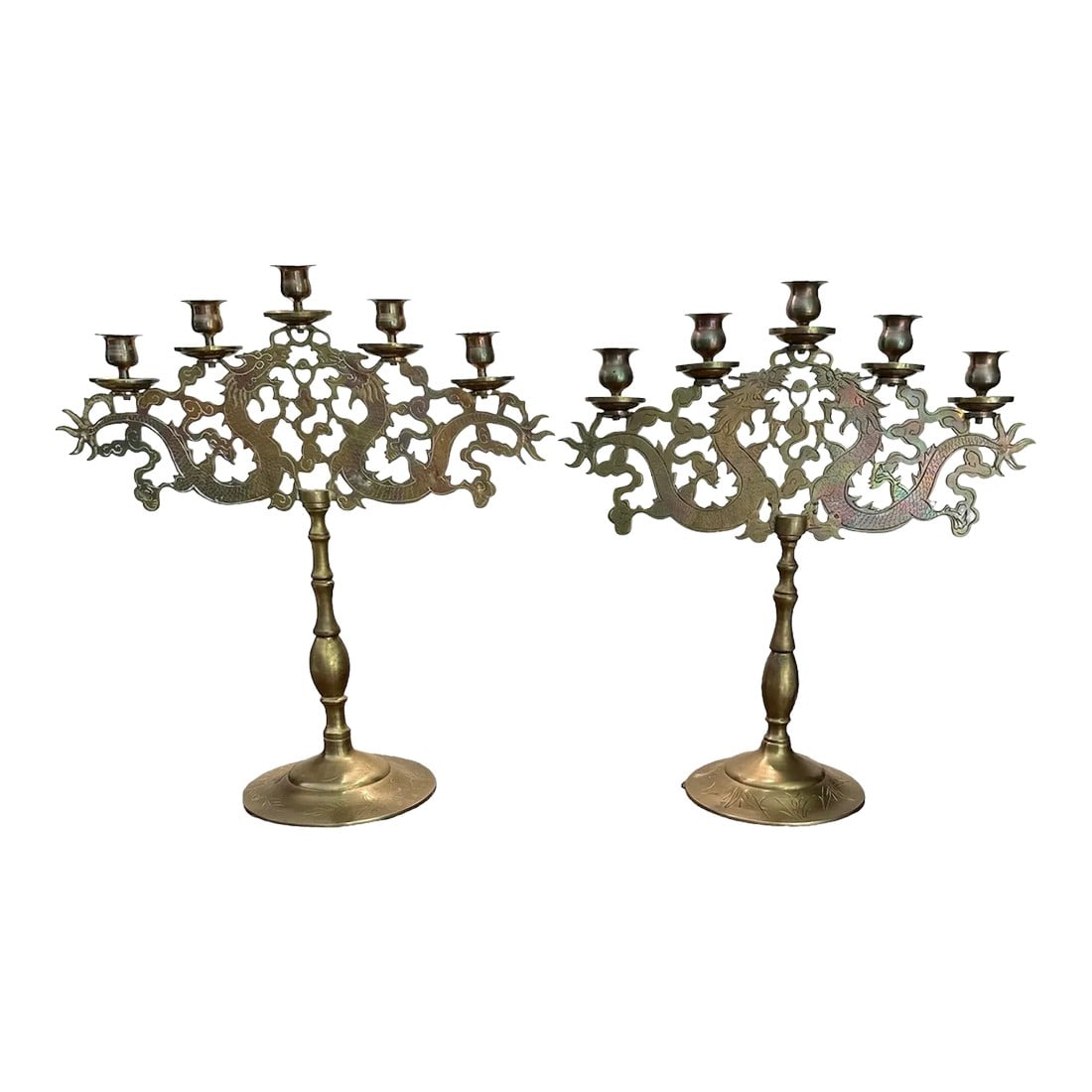 Vintage Chinoiserie Dragon Brass Candelabra Table Top 5 Cup Candlestick Holders: Pair of Dragon Brass Candelabra 5 Cup Candlestick Holder Table Top Vintage 1950-70's Natural patina of brass is shown. Leave as is or restore to shine. Approximately 17 1/8" high x 15 1/2" wide 