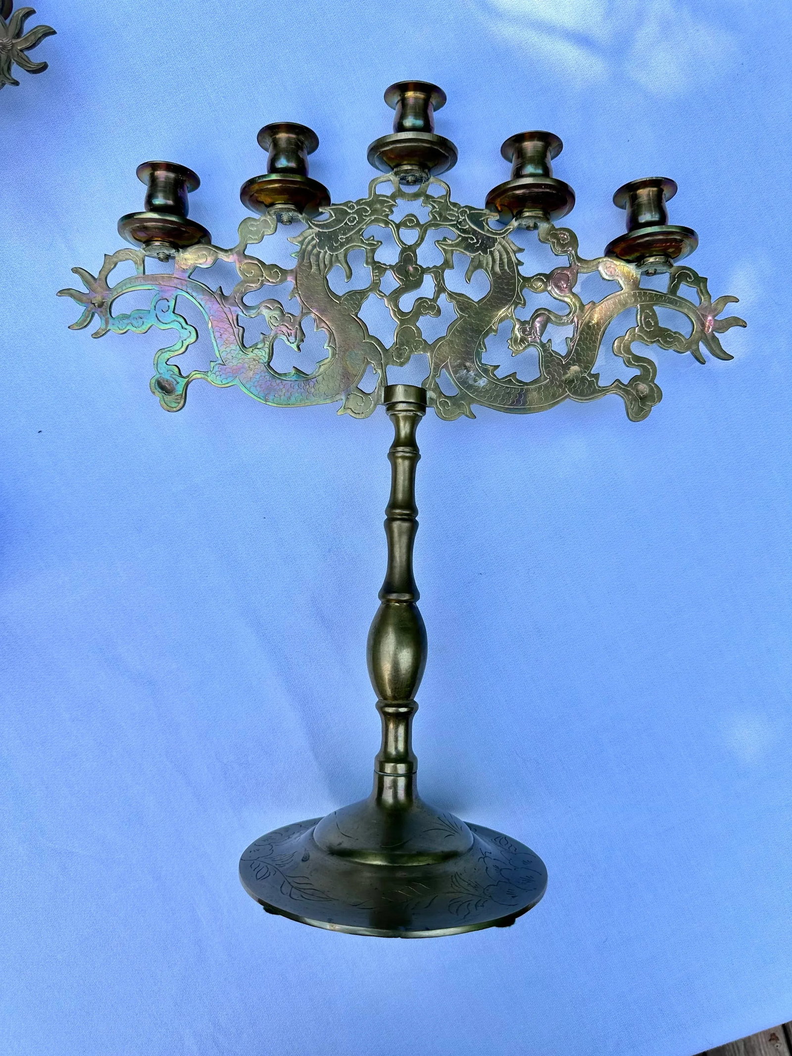 Vintage Chinoiserie Dragon Brass Candelabra Table Top 5 Cup Candlestick Holders - 2