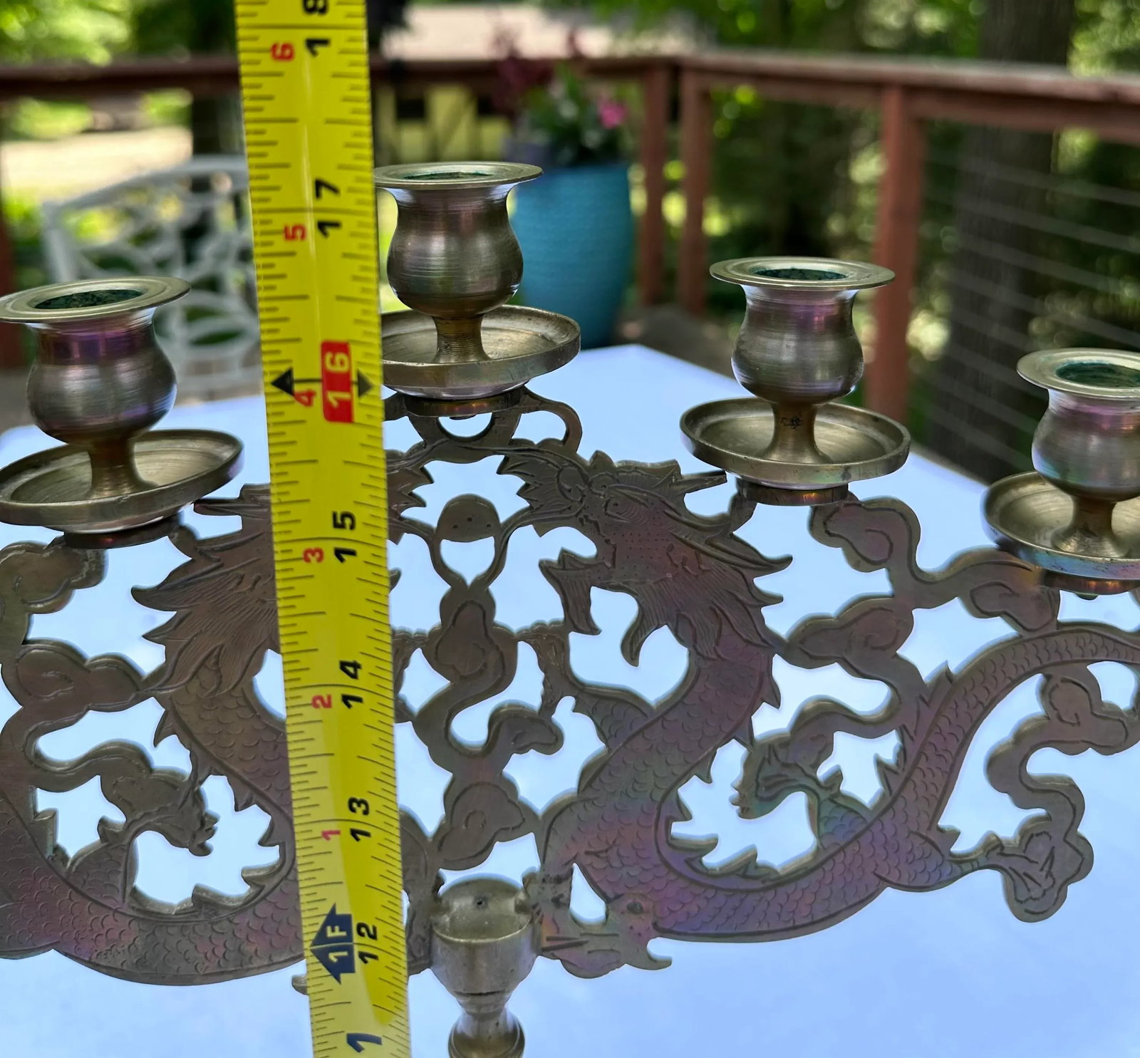 Vintage Chinoiserie Dragon Brass Candelabra Table Top 5 Cup Candlestick Holders - 3