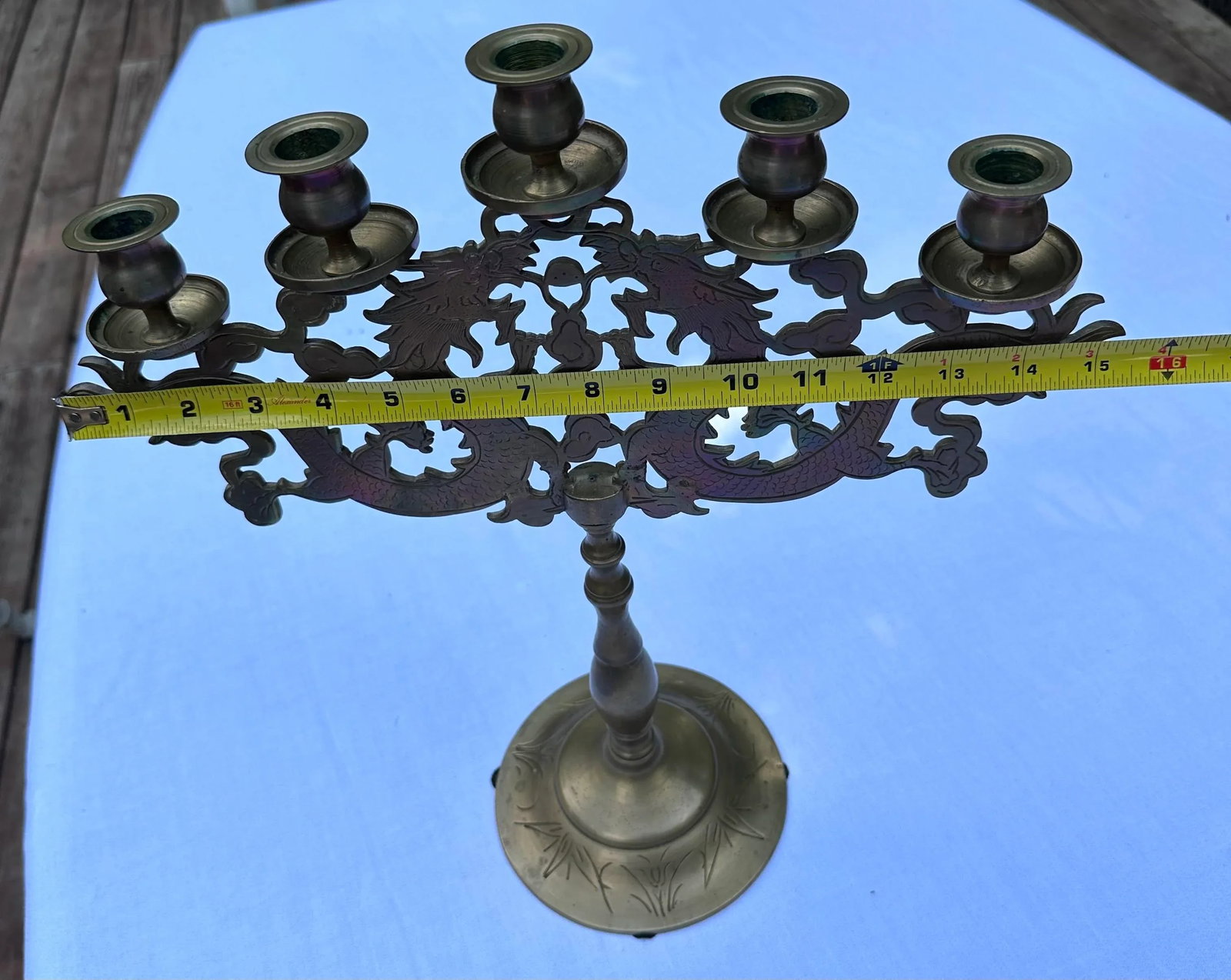 Vintage Chinoiserie Dragon Brass Candelabra Table Top 5 Cup Candlestick Holders - 4