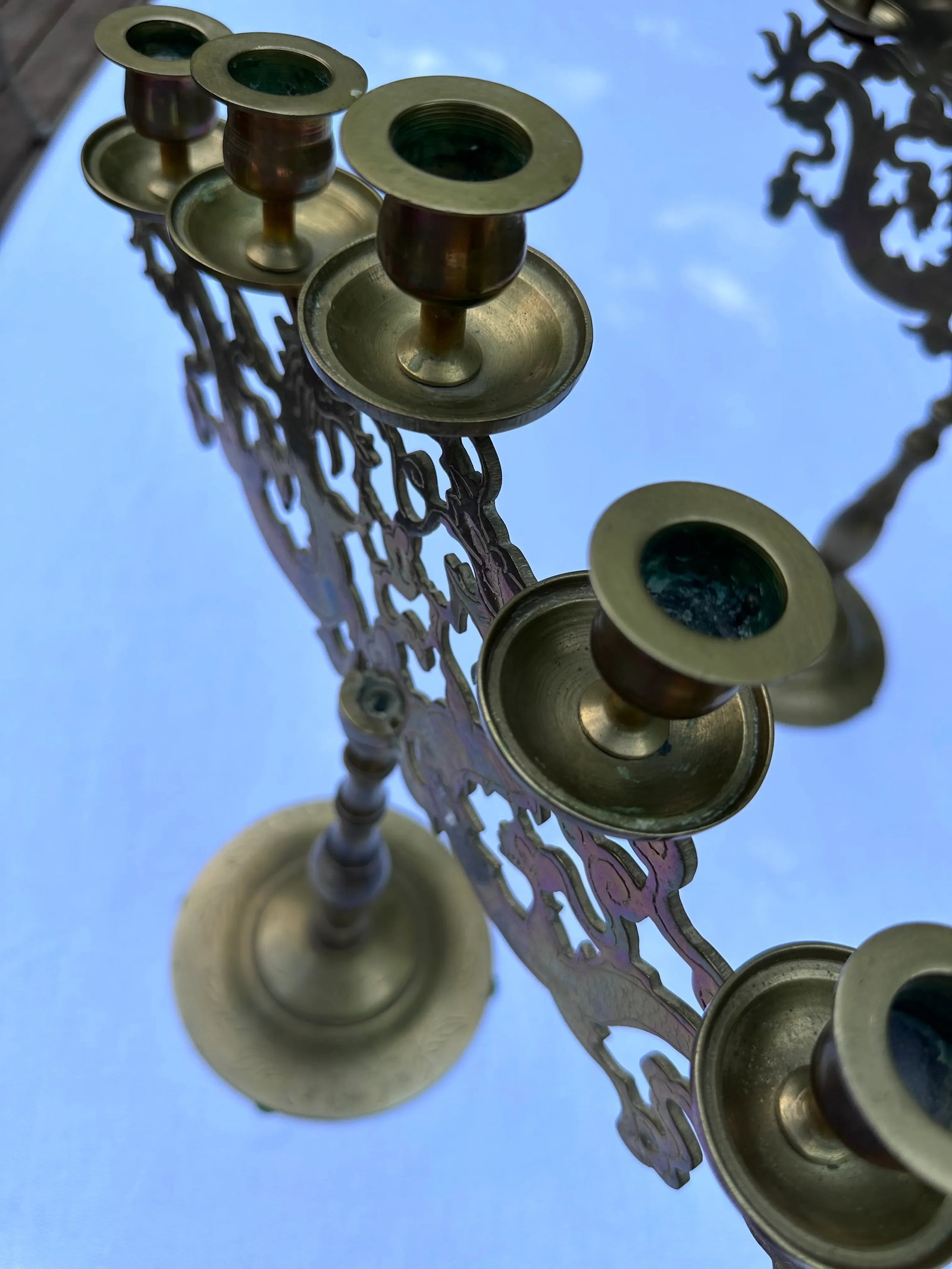 Vintage Chinoiserie Dragon Brass Candelabra Table Top 5 Cup Candlestick Holders - 5