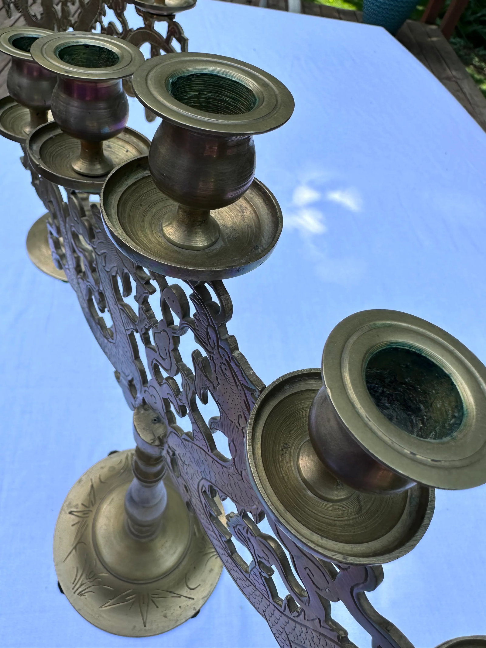 Vintage Chinoiserie Dragon Brass Candelabra Table Top 5 Cup Candlestick Holders - 6