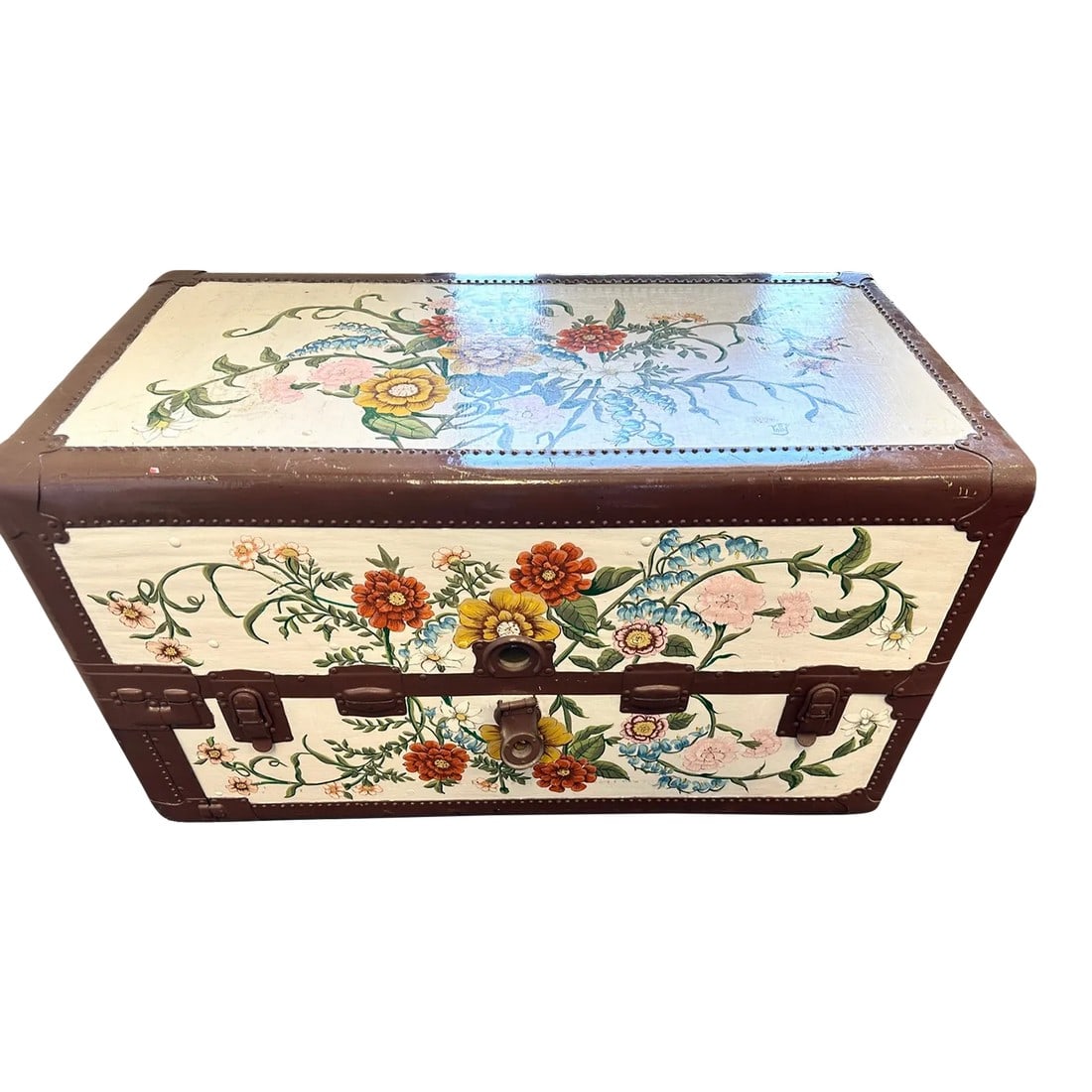 Vintage 1920's Hand Painted Floral Steamer Trunk: Vintage 1900's Hand Painted Floral Steamer Trunk, painted in a floral pattern on a white base coat. Bottom and back not painted. Artist signed it Patty. This would be great with other vintage trunks