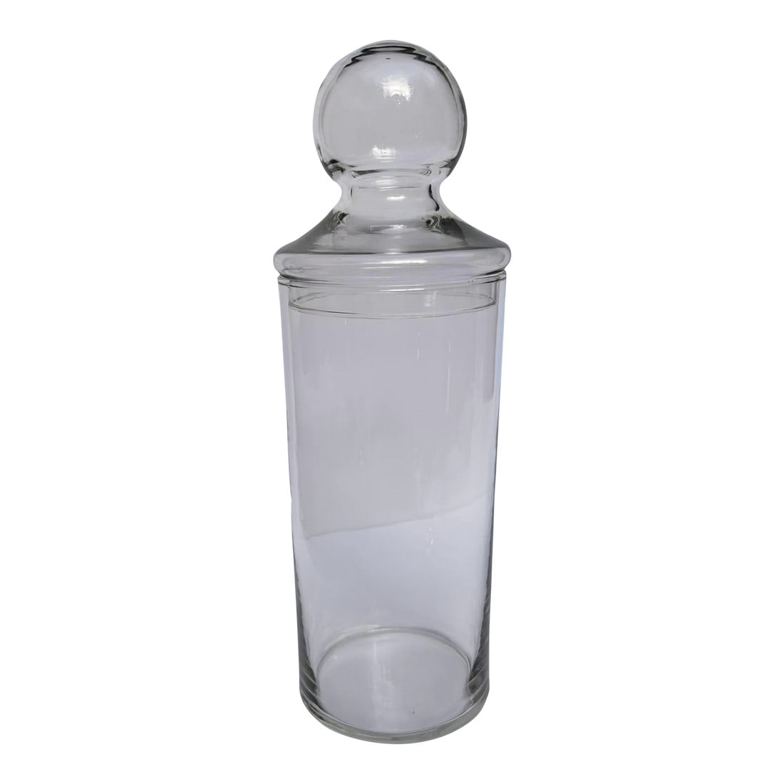 Apothecary Clear Glass Cylinder Jar: Cylinder style glass apothecary jar with detachable lid. Nice round top on this lid. Clear glass. Design decor for see-through storage or presentation. Nice column design which gives