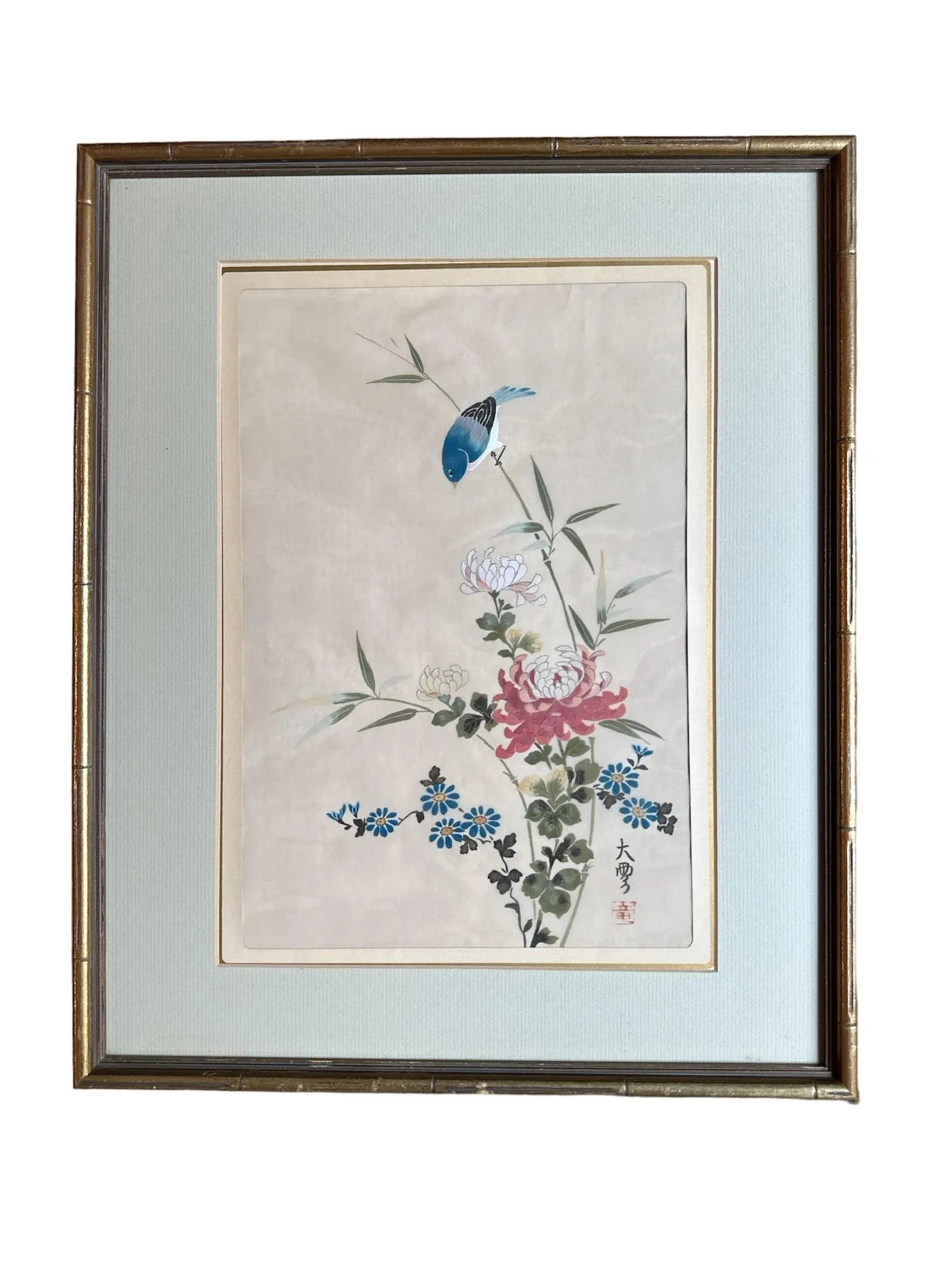 Vintage 1978 Japan Bird Painting on Silk Faux Bamboo Frame - 10