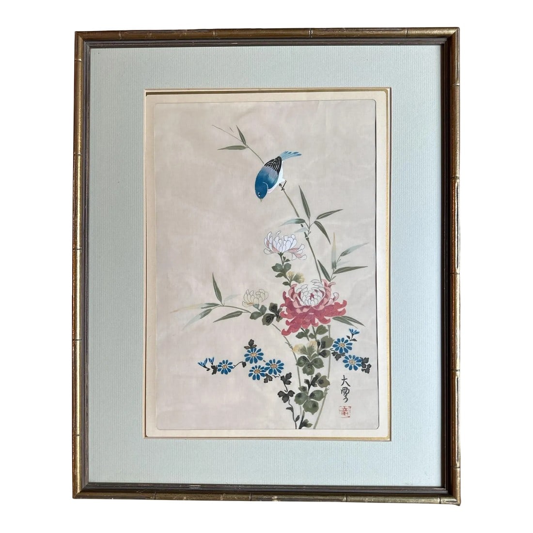 Vintage 1978 Japan Bird Painting on Silk Faux Bamboo Frame: Purchased Tokyo, Japan 1978 is noted on back of frame. Painted on silk a lovely blue bird on bamboo branch overlooking large pink, rose, and blue florals. Coordinated faux bamboo frame in gold