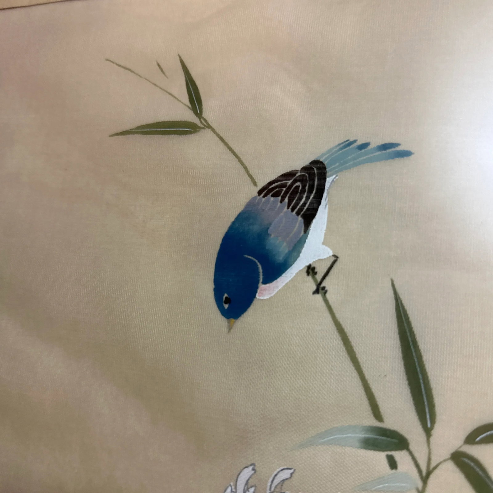 Vintage 1978 Japan Bird Painting on Silk Faux Bamboo Frame - 4