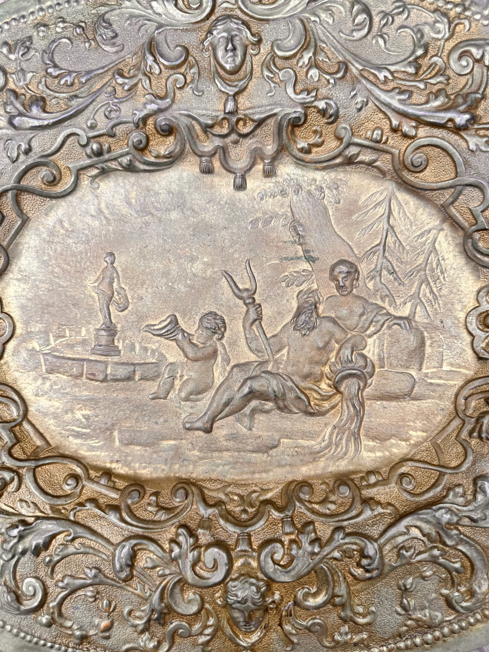 Oval Brass Tone Metal Poseidon Bas Relief Repousse Scene Wall Decor - 2