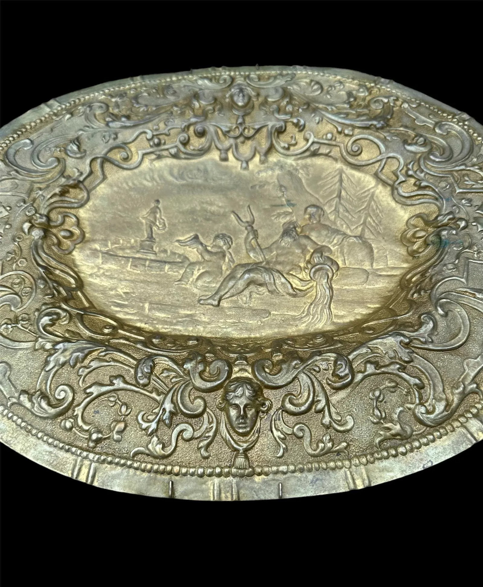 Oval Brass Tone Metal Poseidon Bas Relief Repousse Scene Wall Decor - 3