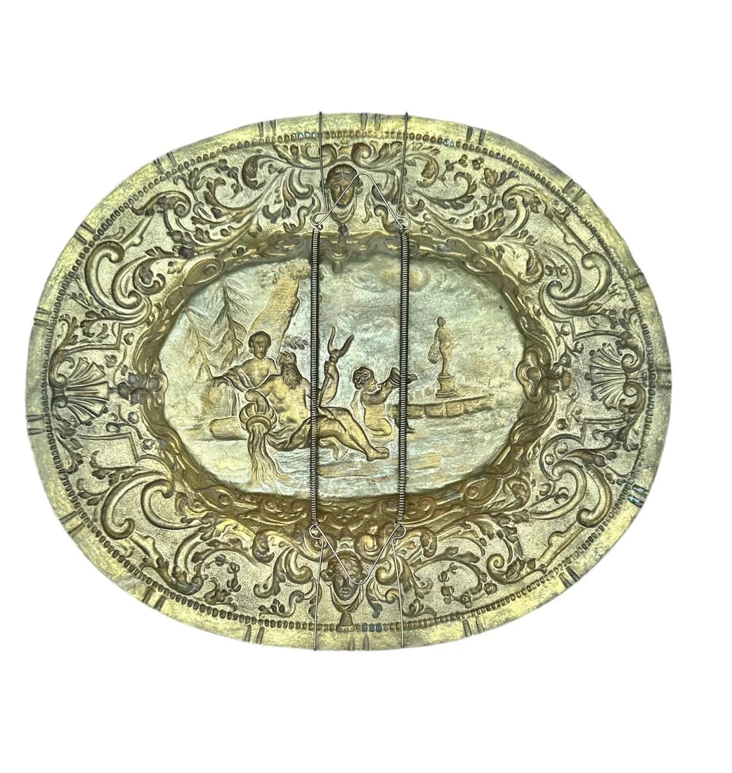 Oval Brass Tone Metal Poseidon Bas Relief Repousse Scene Wall Decor - 4