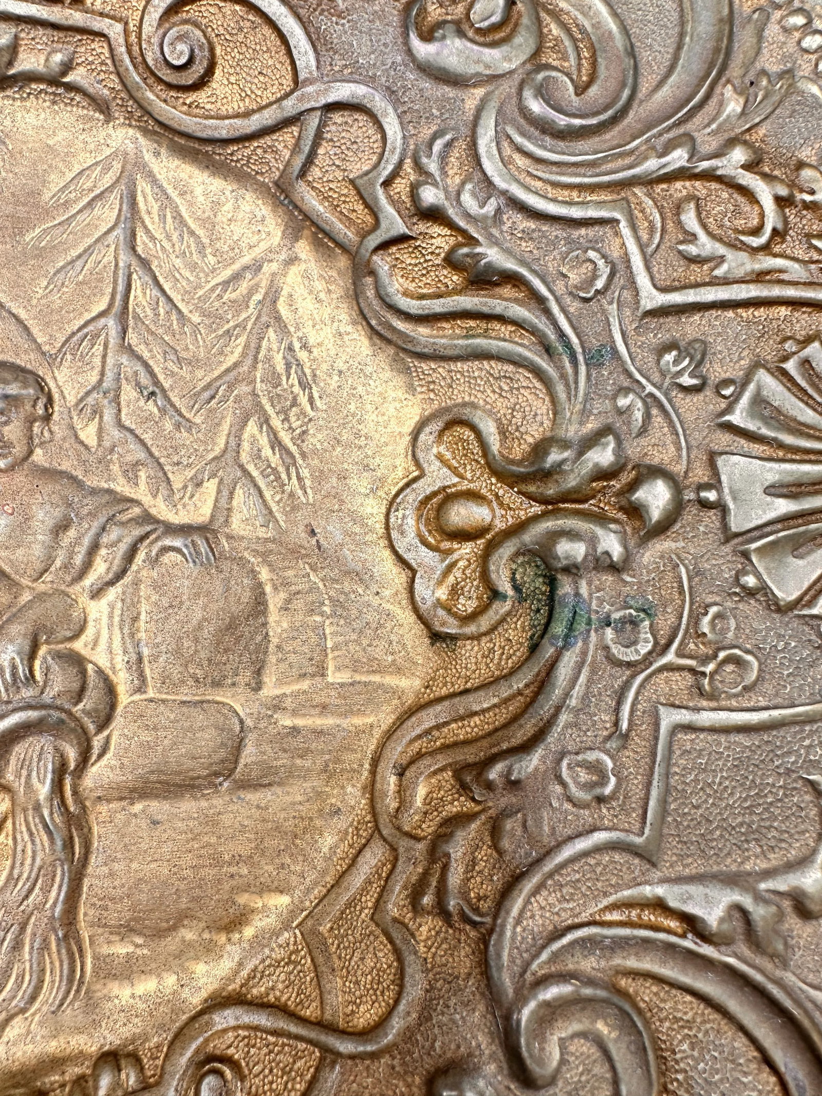 Oval Brass Tone Metal Poseidon Bas Relief Repousse Scene Wall Decor - 6