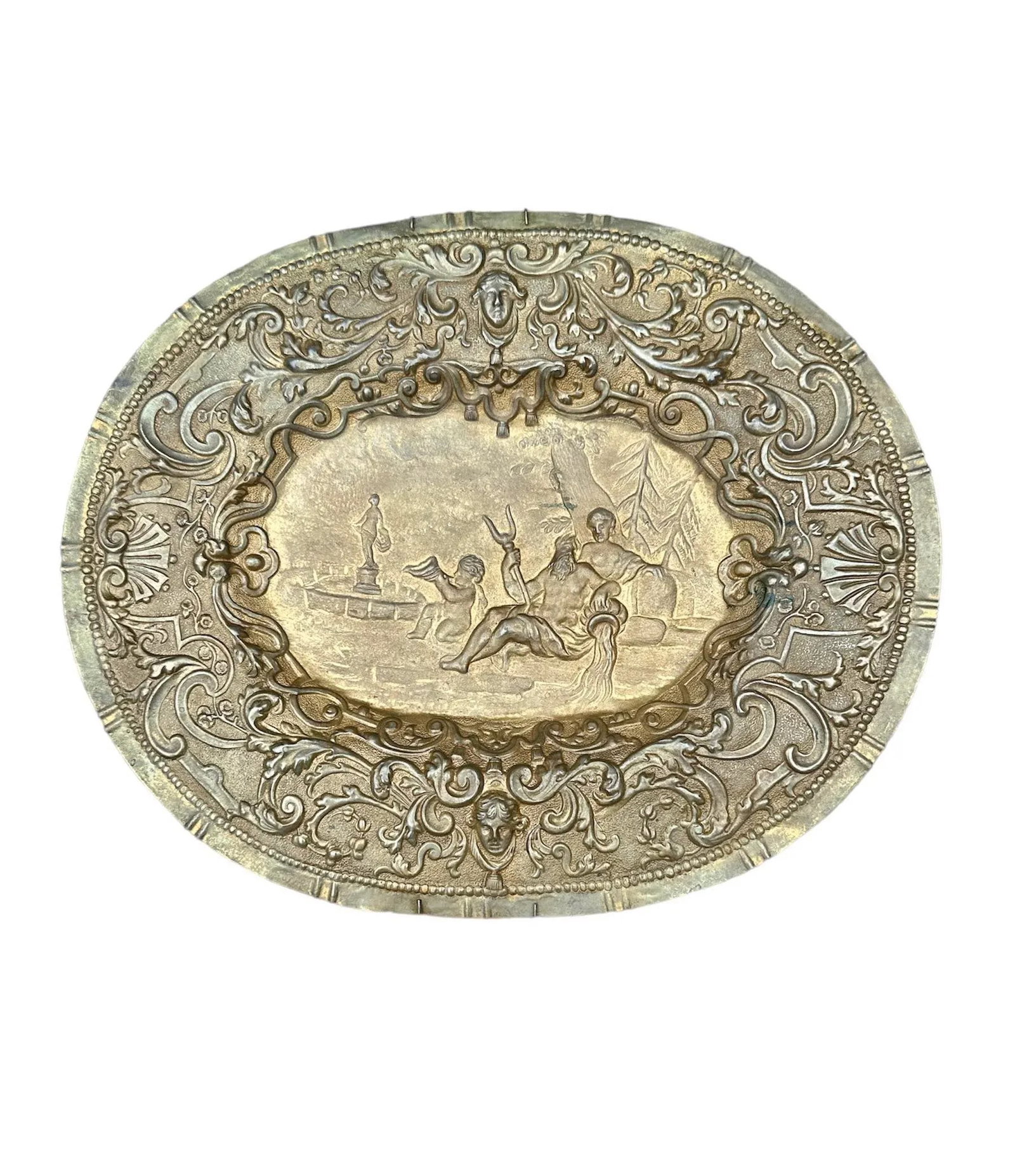 Oval Brass Tone Metal Poseidon Bas Relief Repousse Scene Wall Decor - 7