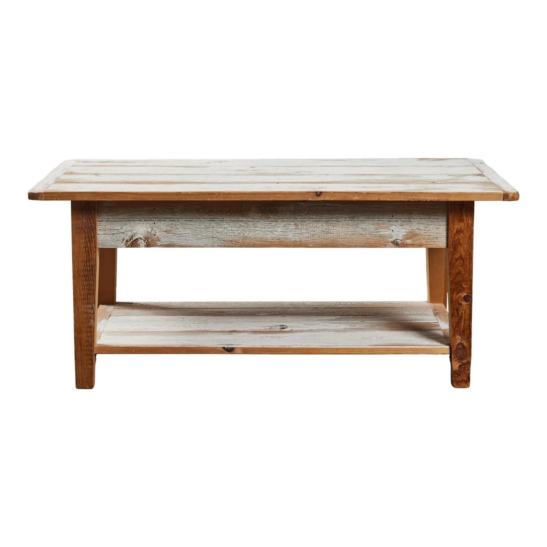 Distressed-Painted White Oak Coffee Table: Rustic style, distressed-painted white oak coffee table. Made by John Hall Designs, Los Angeles, 1990. Condition: Alterations: Original Condition Unaltered Imperfections: Some Imperfections Condition