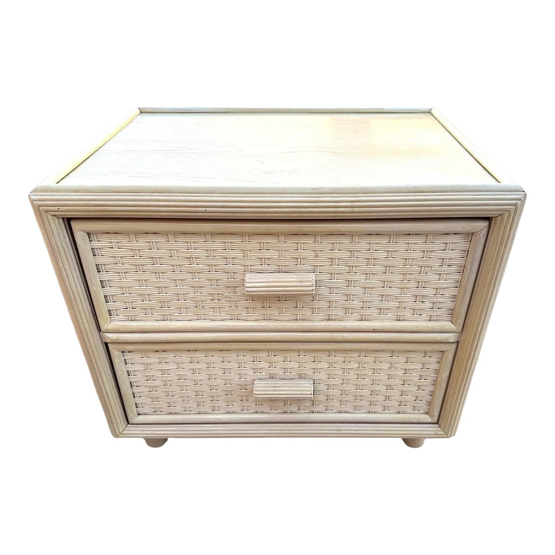 Vintage Coastal Woven Rattan 2 Drawer Nightstand: Vintage Coastal Woven Rattan 2 Drawer Nightstand in a beige/blonde color. Perfect for a beach house, palm beach style. Acquired at a local Estate sale. Matching 3 drawer for sale in another listing
