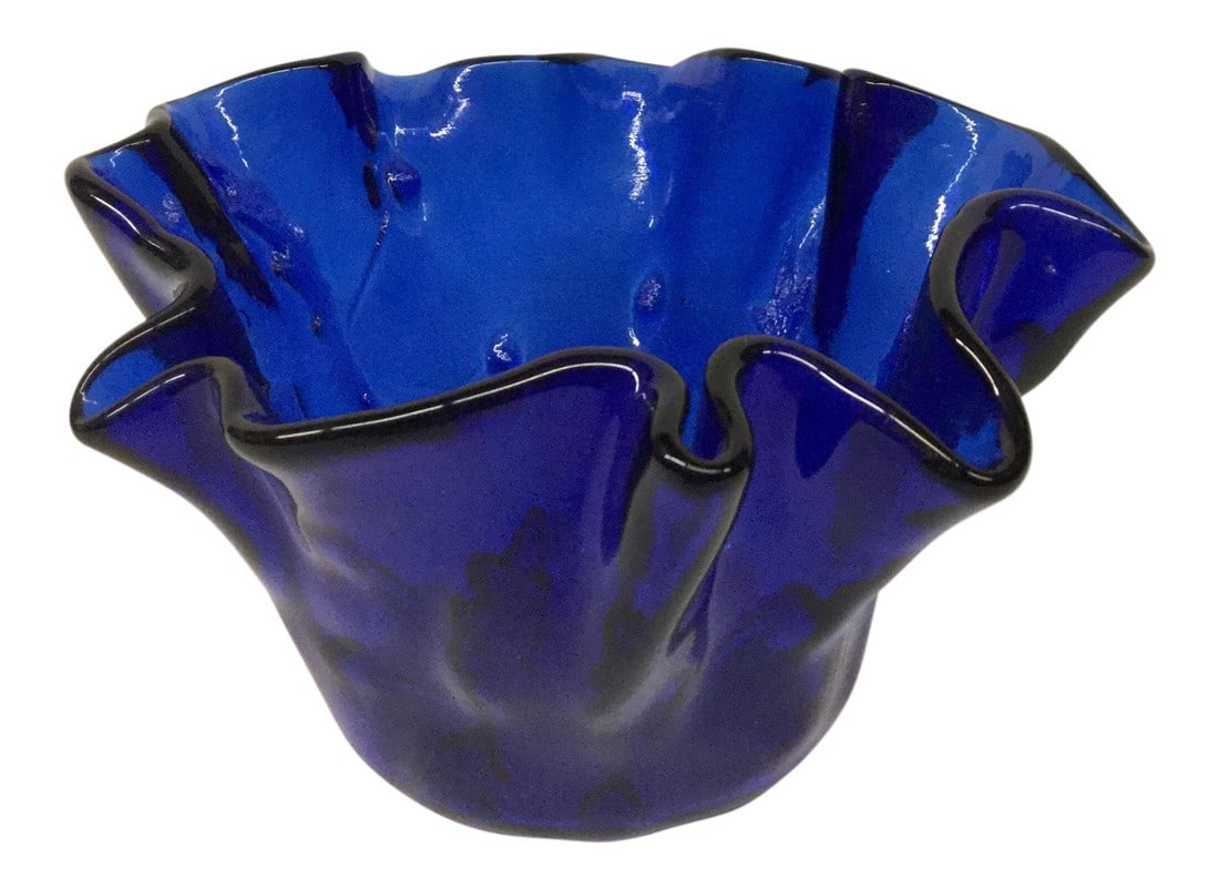 Vintage Cobalt Glass Ruffled Vase: Mint.....gorgeous....unique What a fabulous design. No matter which angle you look at it, it is different. The outside is smooth but the inside is carved. Condition: Alterations: Original