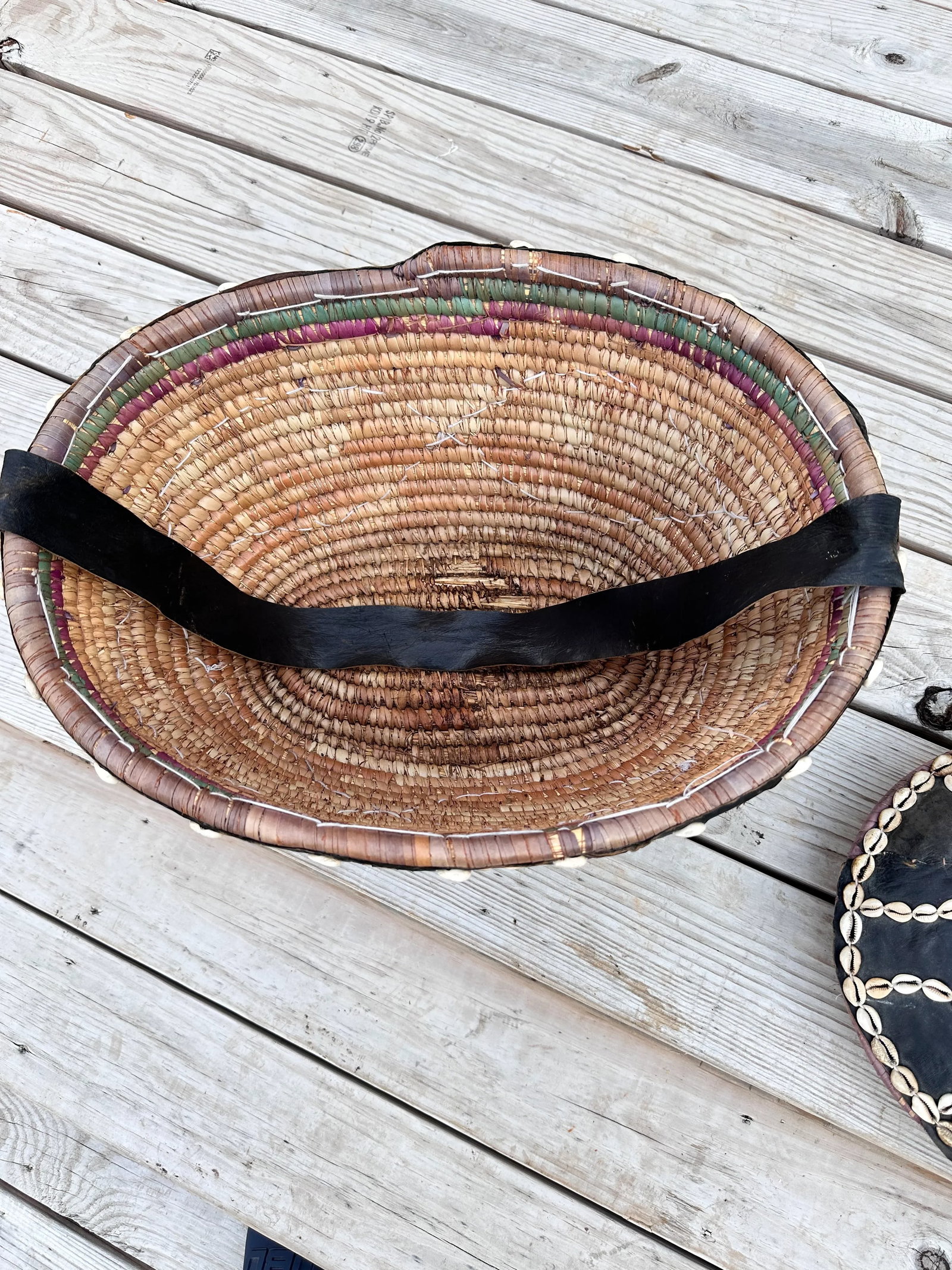 Mid 20th Century Leather Covered Cowrie Shell-Stitched Woven Basket With Carrying Strap - 2