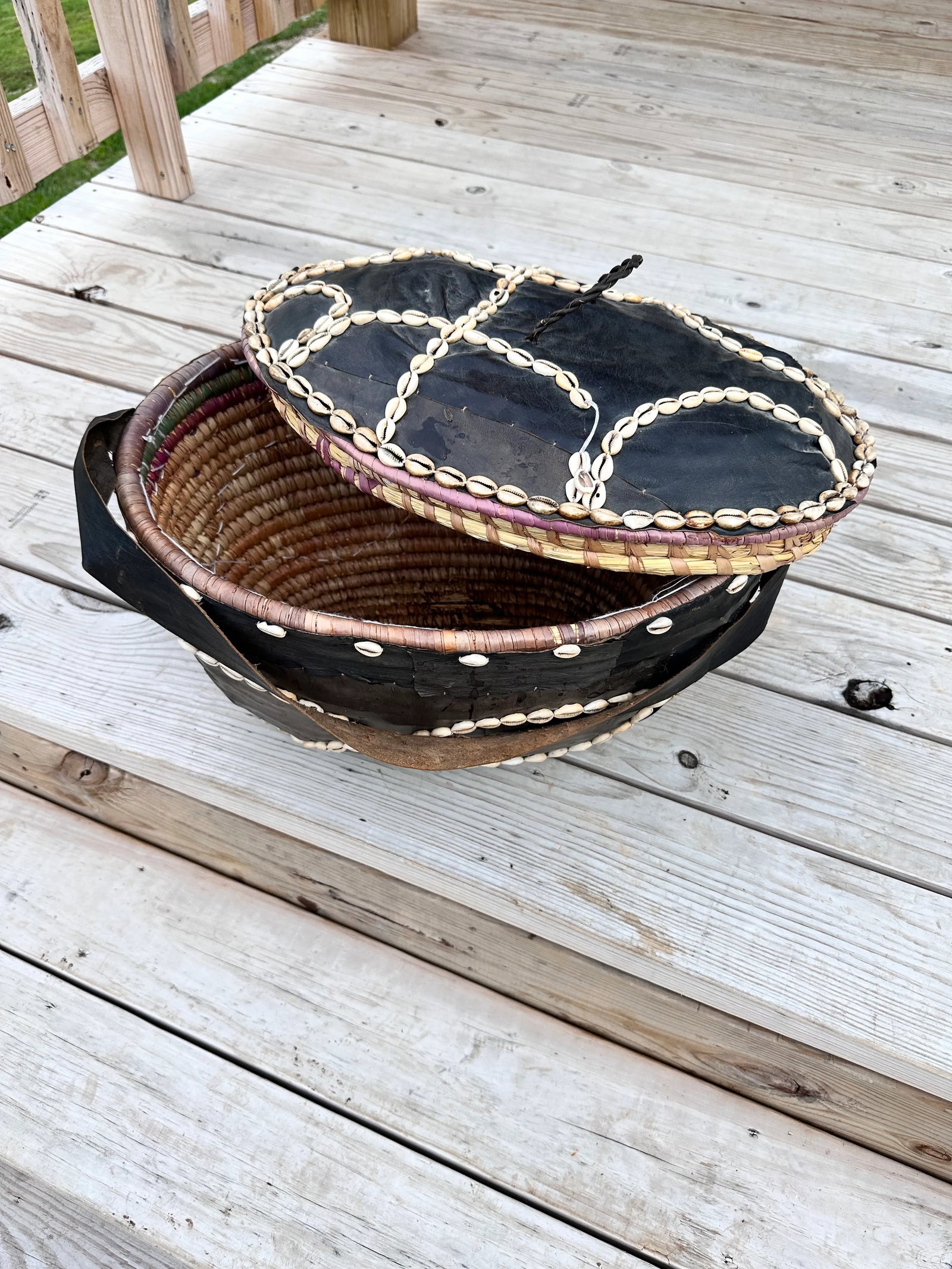 Mid 20th Century Leather Covered Cowrie Shell-Stitched Woven Basket With Carrying Strap - 3