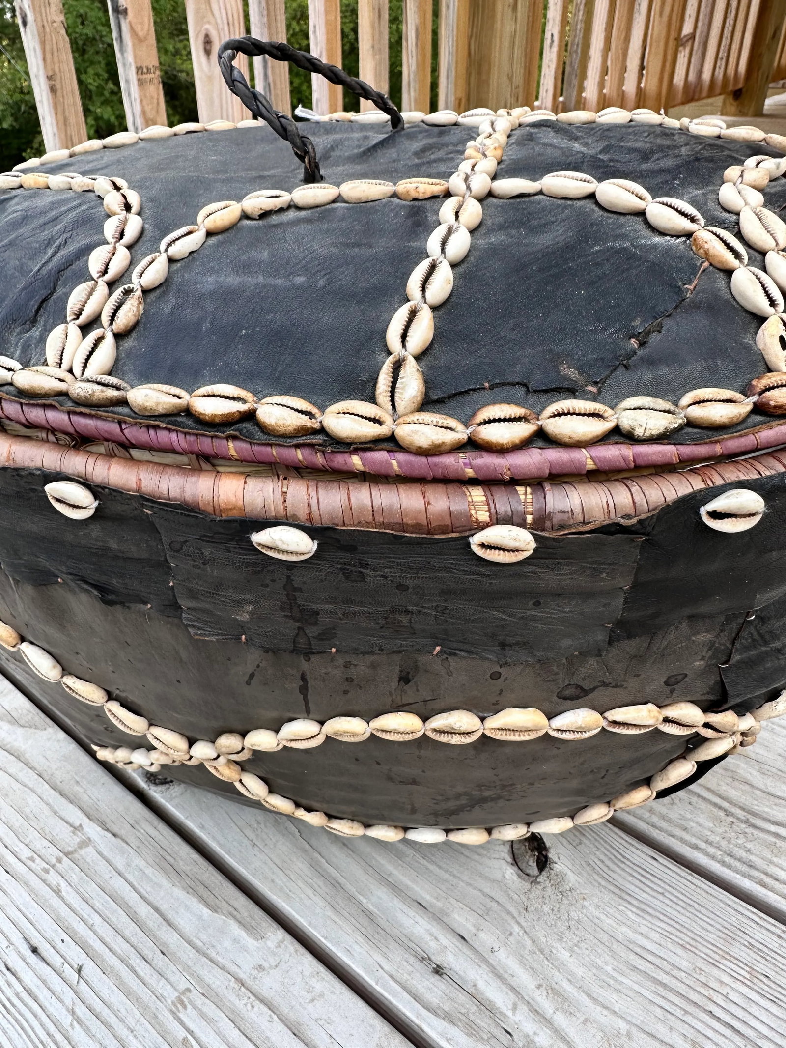 Mid 20th Century Leather Covered Cowrie Shell-Stitched Woven Basket With Carrying Strap - 4