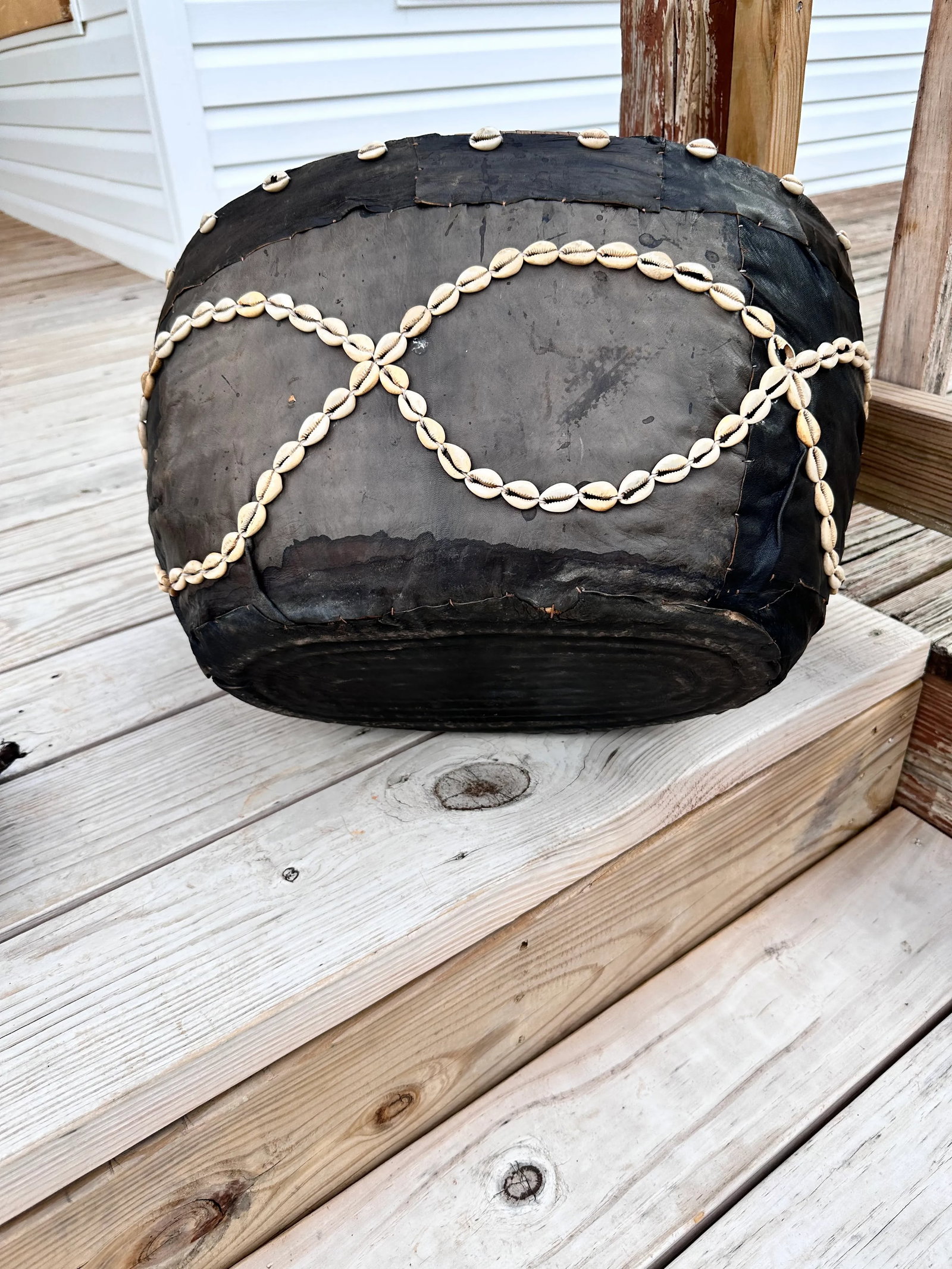 Mid 20th Century Leather Covered Cowrie Shell-Stitched Woven Basket With Carrying Strap - 5