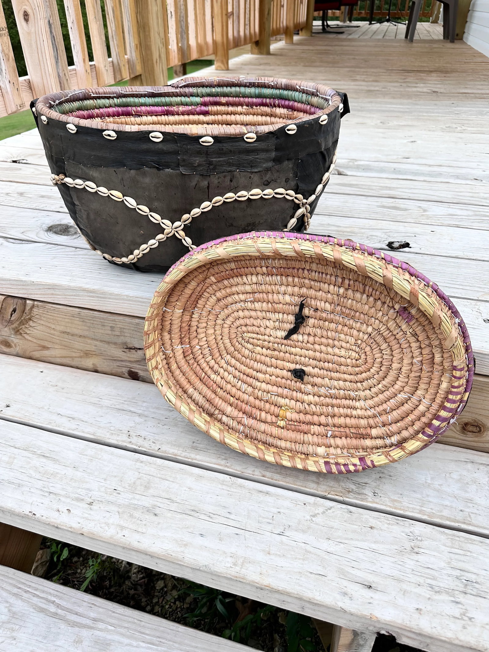 Mid 20th Century Leather Covered Cowrie Shell-Stitched Woven Basket With Carrying Strap - 6