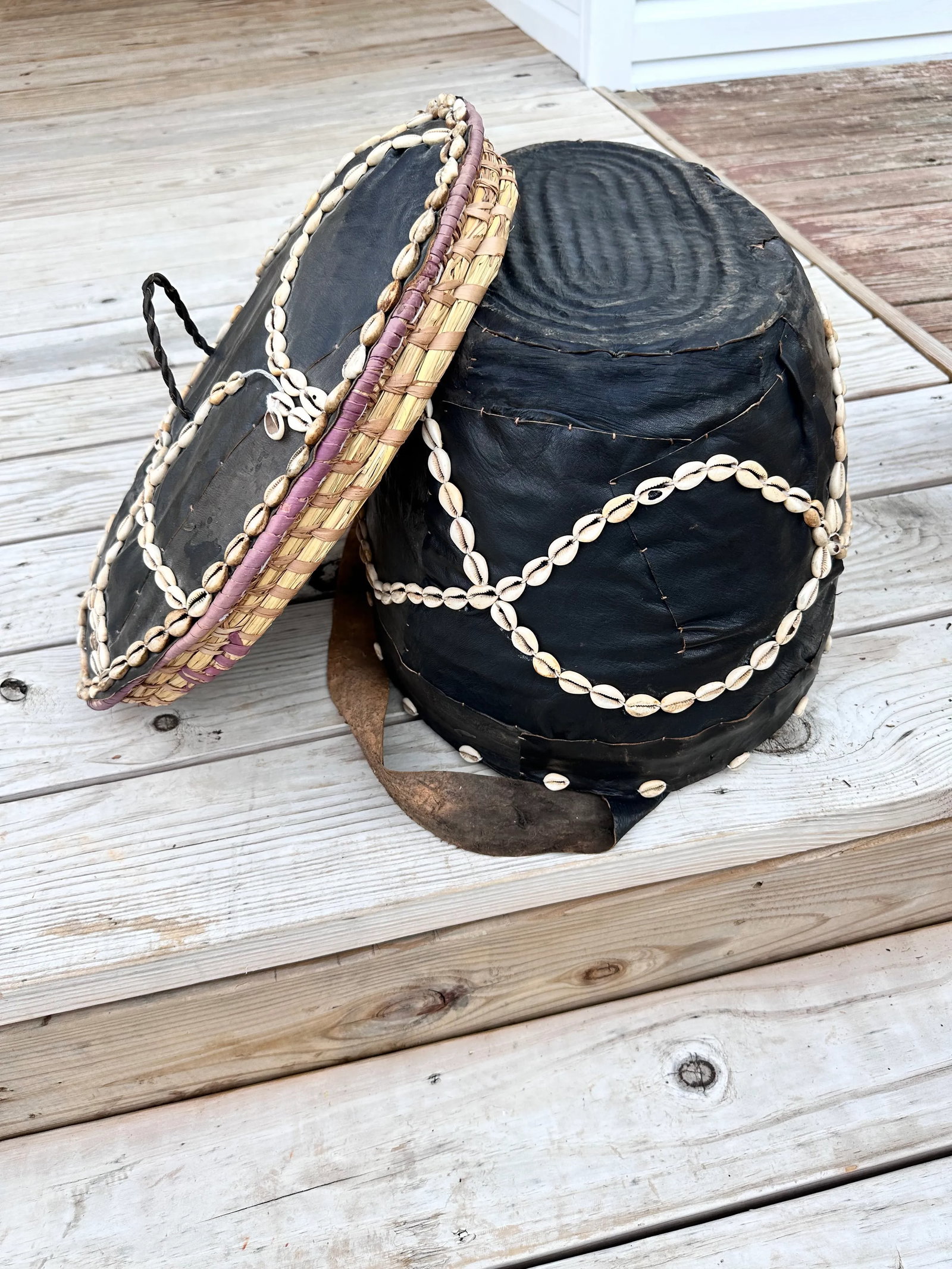 Mid 20th Century Leather Covered Cowrie Shell-Stitched Woven Basket With Carrying Strap - 7