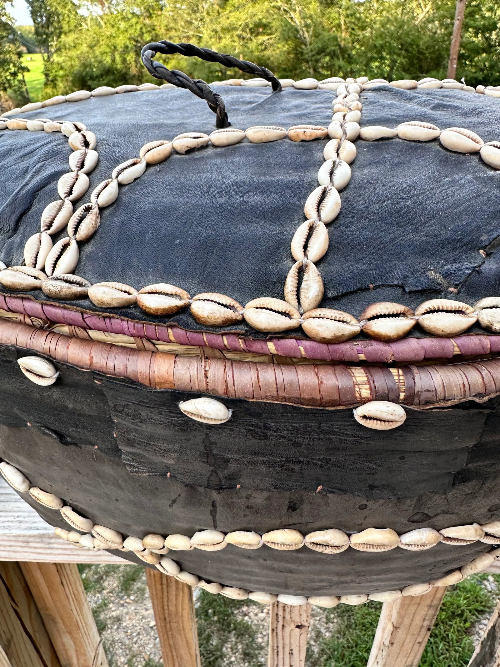 Mid 20th Century Leather Covered Cowrie Shell-Stitched Woven Basket With Carrying Strap - 8