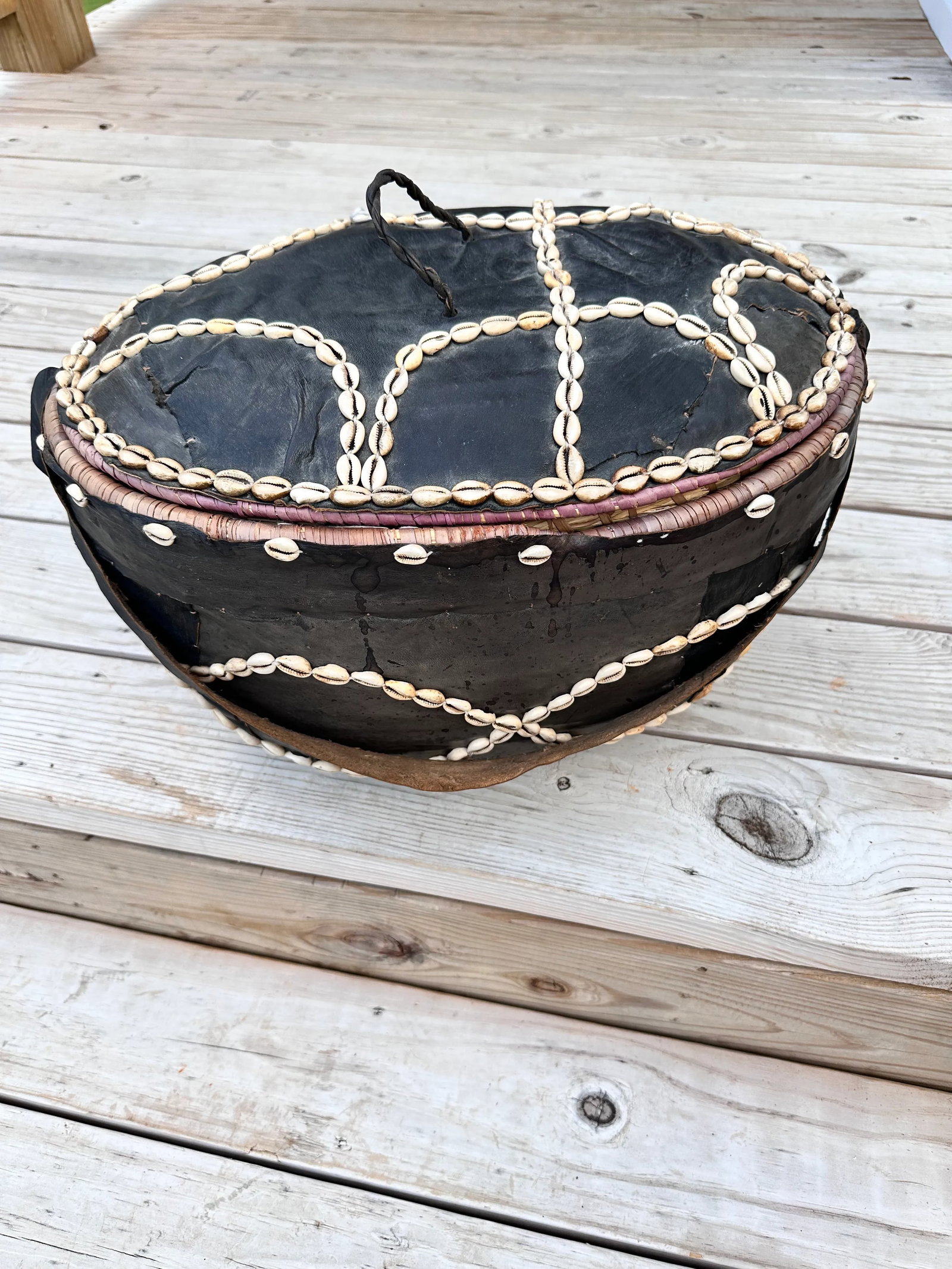 Mid 20th Century Leather Covered Cowrie Shell-Stitched Woven Basket With Carrying Strap - 9