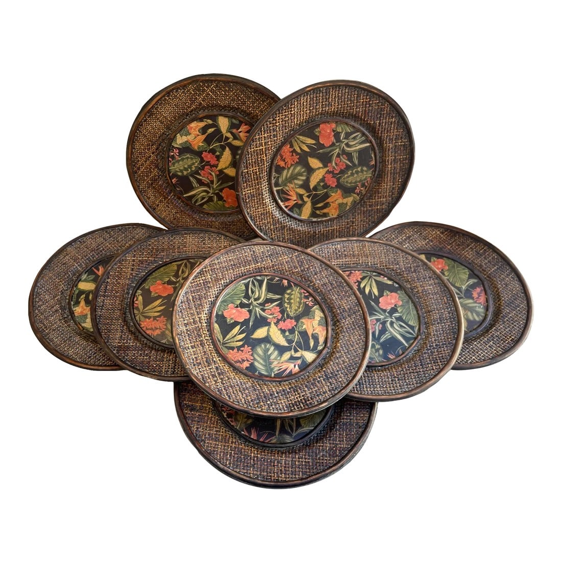 Set of 8 Woven Rattan & Tropical Print Plate Chargers (1 of 7)