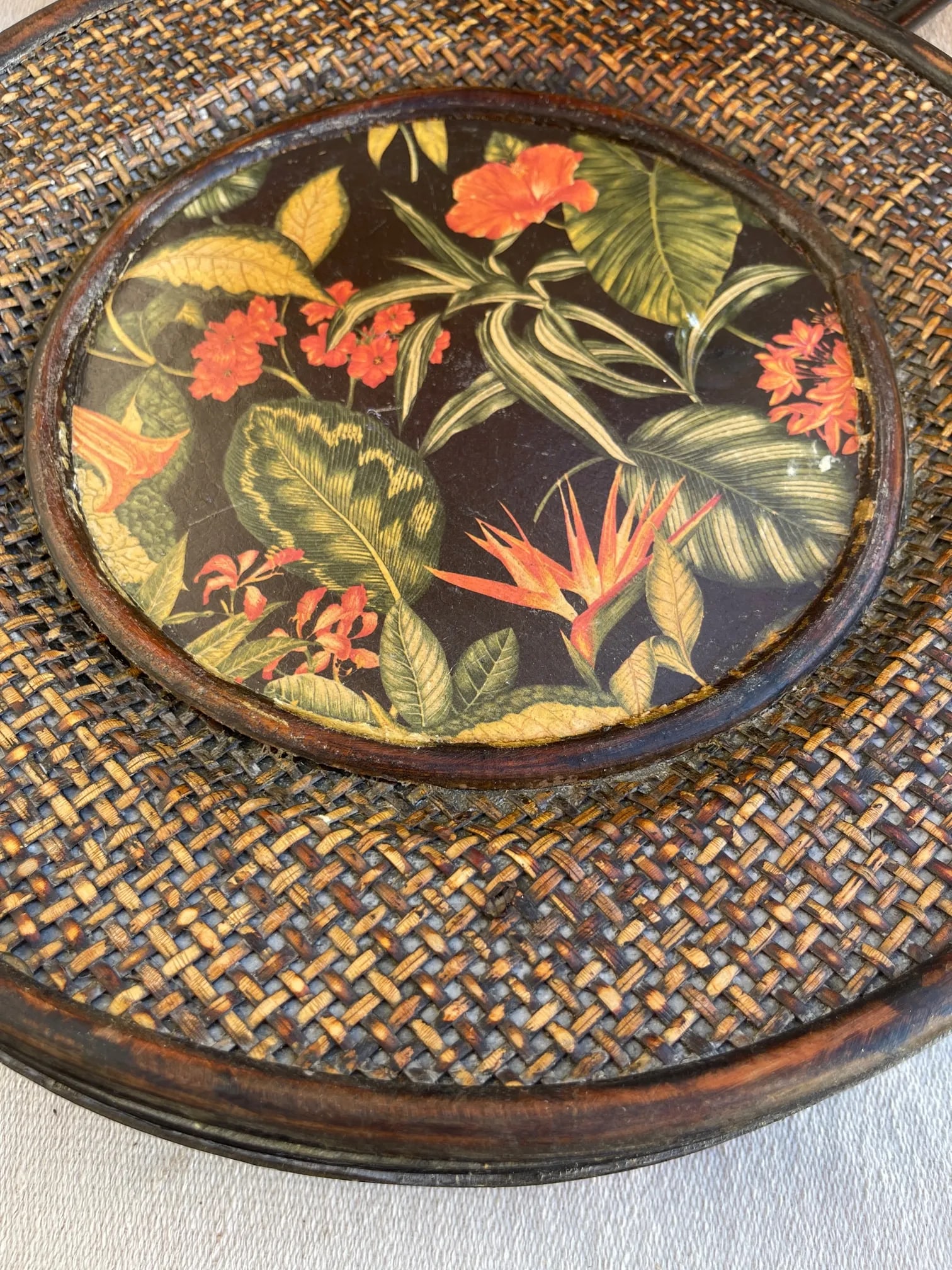 Set of 8 Woven Rattan & Tropical Print Plate Chargers - 4