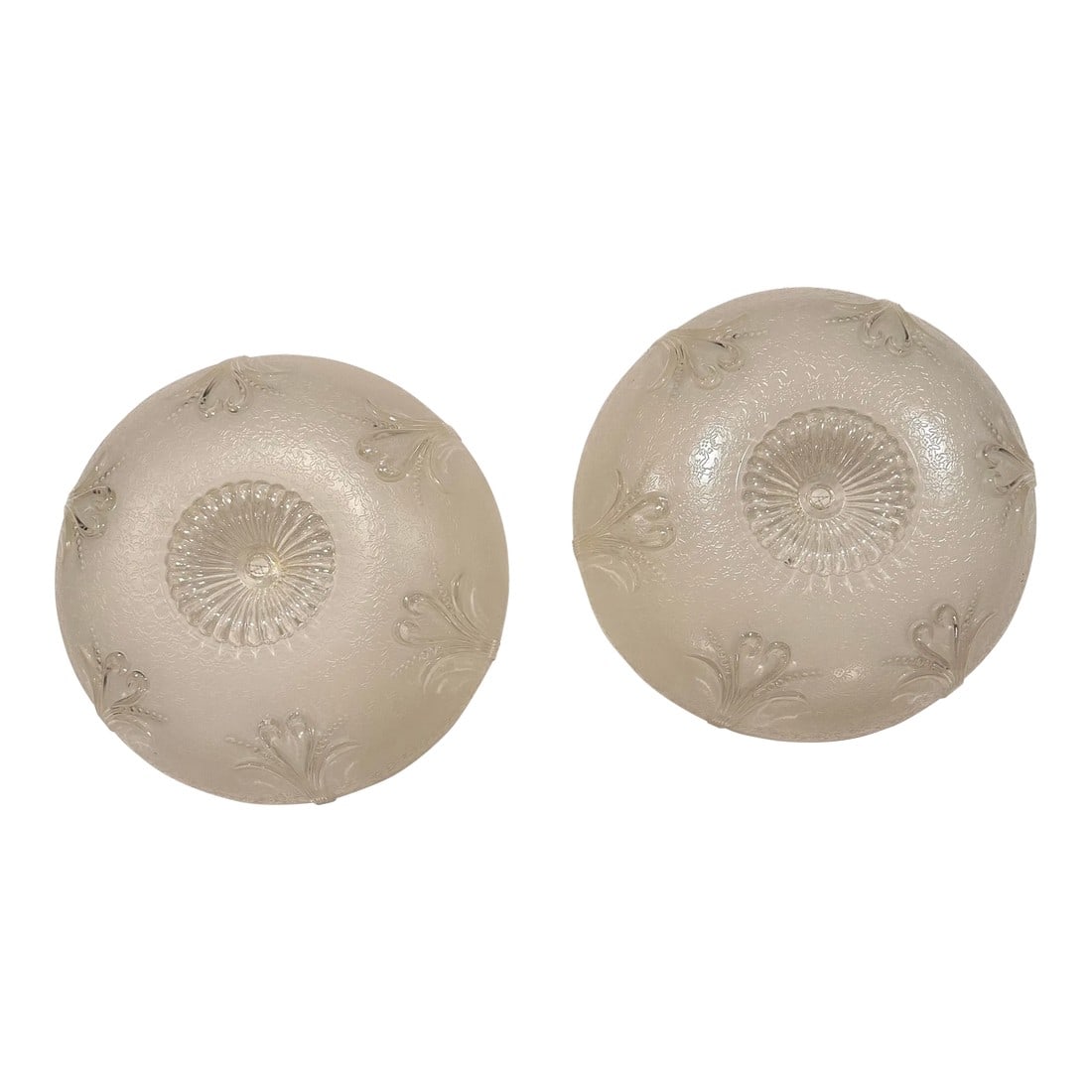 Early 20th Century Art Deco Frosted Glass Ceiling Light Shades - a Pair: Art Deco Glass Ceiling Light Shades Gorgeous patterned motif in background with clear leaf floral design with bubble accents. Six extended art deco motif along rim. 12" round x 4" high 