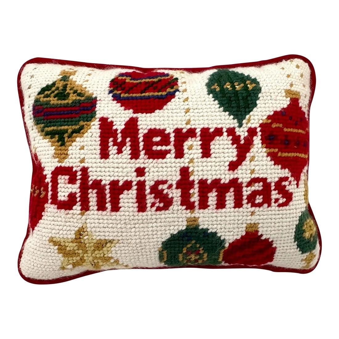 Needlepoint Holiday Deco Pillow: Super cute Needlepoint Holiday decor pillow, Merry Christmas embroidered on front and sold velvet on back. Has a few gold beads. Perfect to place in all areas of the home. 8in w x 6in I have many