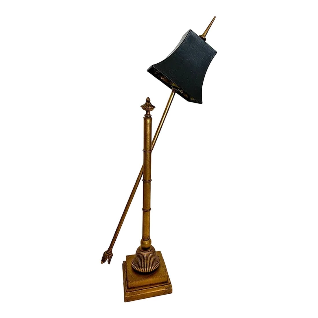 Vintage Hollywood Regency Gold Gilt Arrow Table Lamp: Vintage Hollywood Regency Arrow Table Lamp, Gold with black shade and gold finial. Looks like a arrow to me, gold gilt metal. Perfect on a side table or entry table with a mirror. 28in h to socket