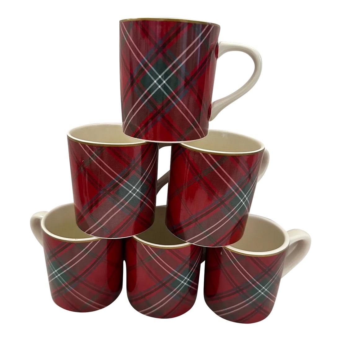 Williams-Sonoma Red Tartan Holiday Mugs-Set of 6: Welcome holiday guests to a very merry table, beautifully set with our festive dinnerware. Embellished with a traditional Scottish tartan pattern, the chargers, plates, salad plates, mugs and