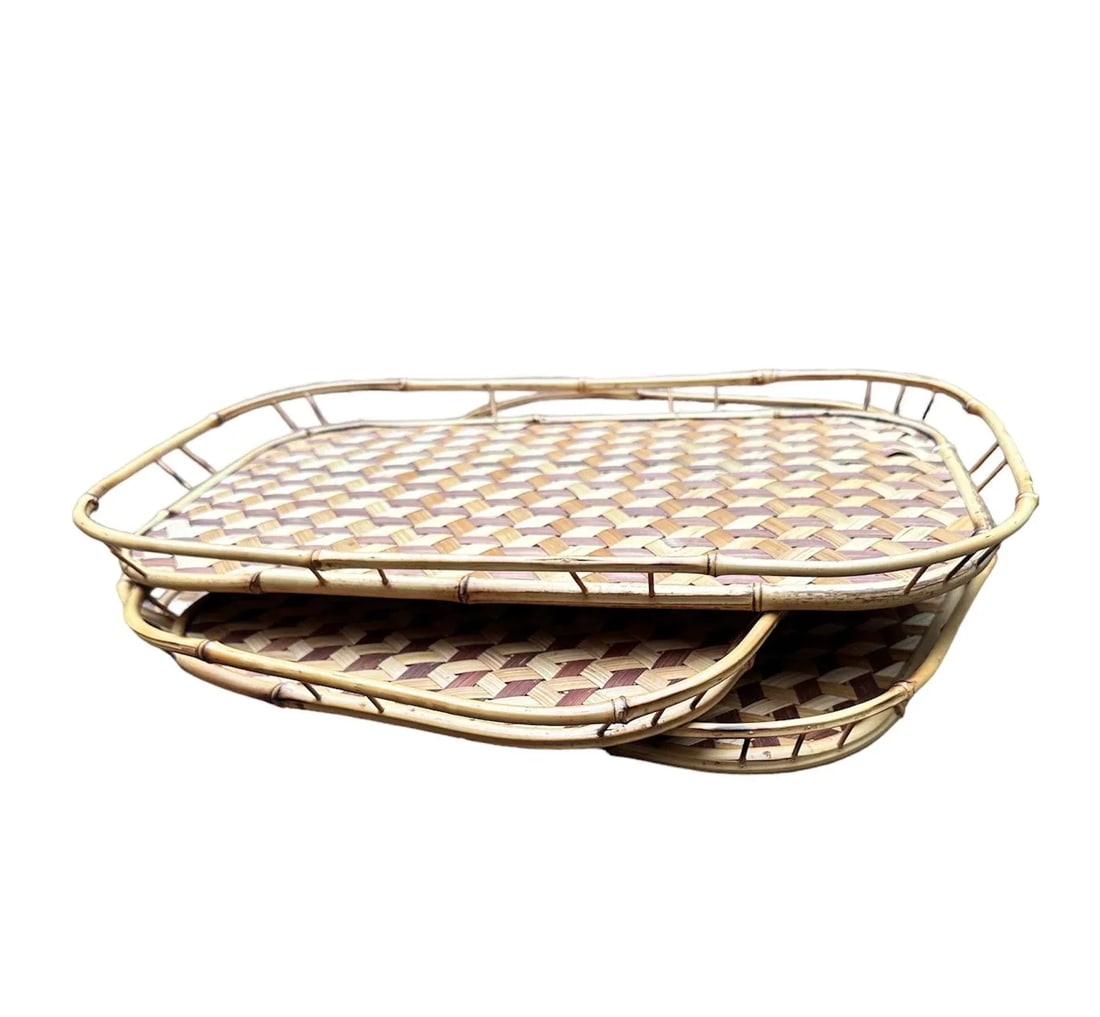 Vintage Boho Woven Rattan and Bamboo Stackable Trays - Set of 3 - 7
