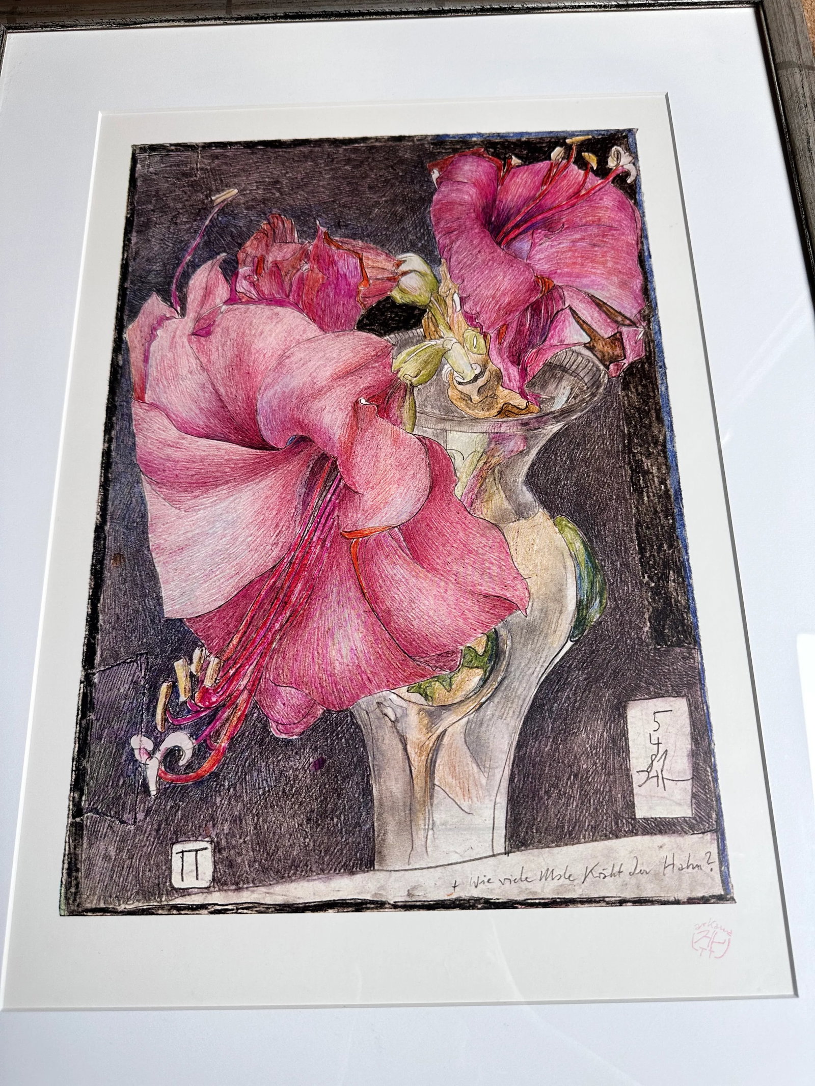 1980s Horst Janssen Lillies Floral Offset Lithograph Red Stamped Germany, Framed - 3